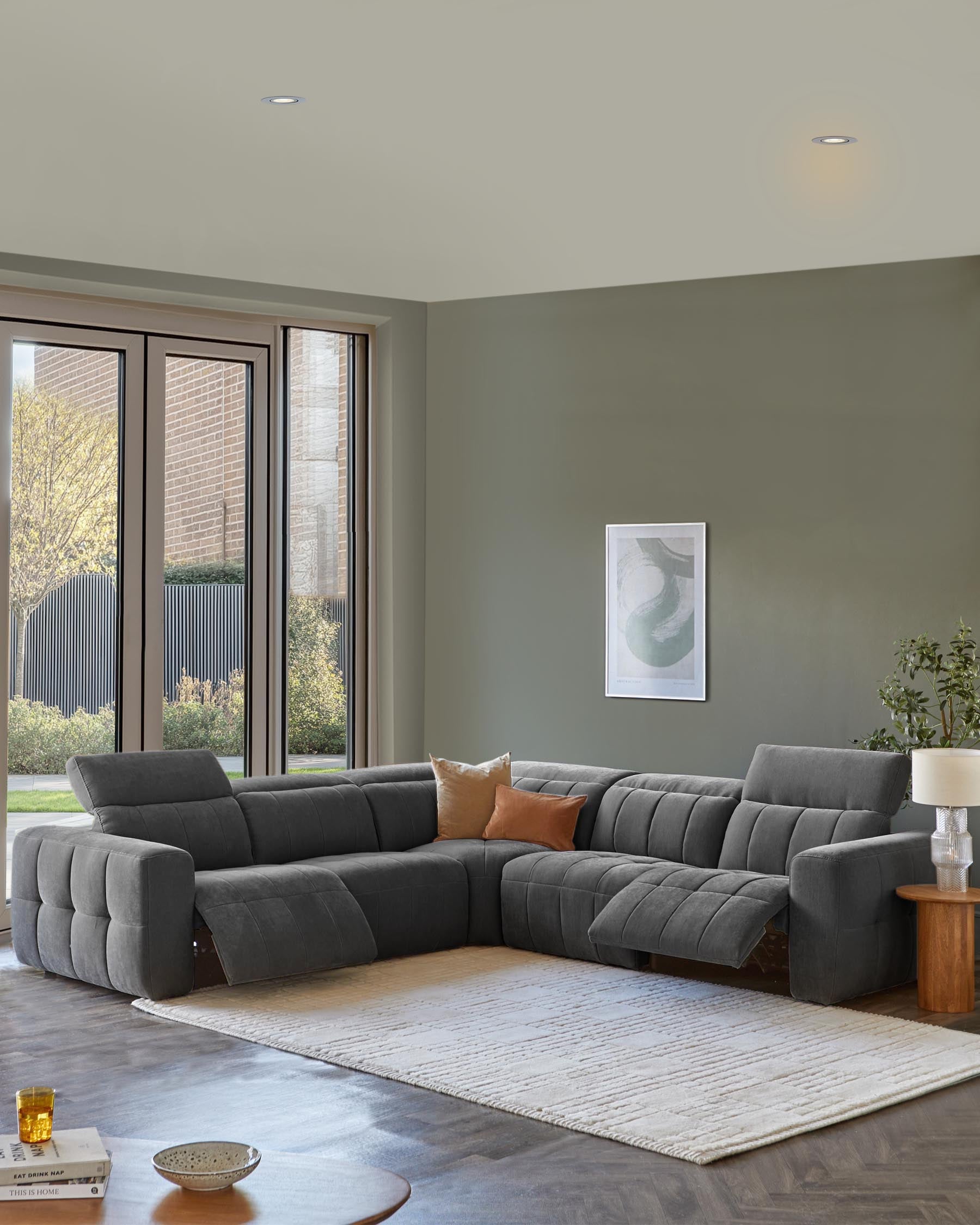 Skye dark grey fabric large corner recliner sofa