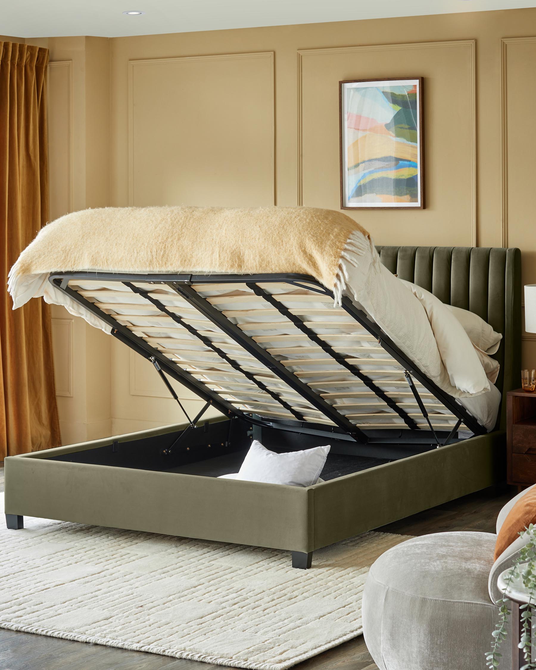 Amalfi olive green velvet super king size ottoman storage bed