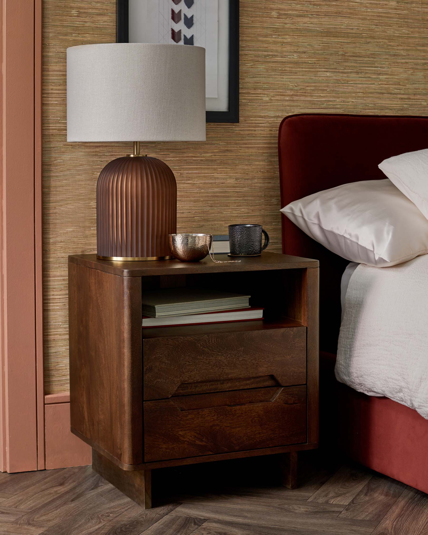 Bryce dark mango wood 2 drawer bedside table