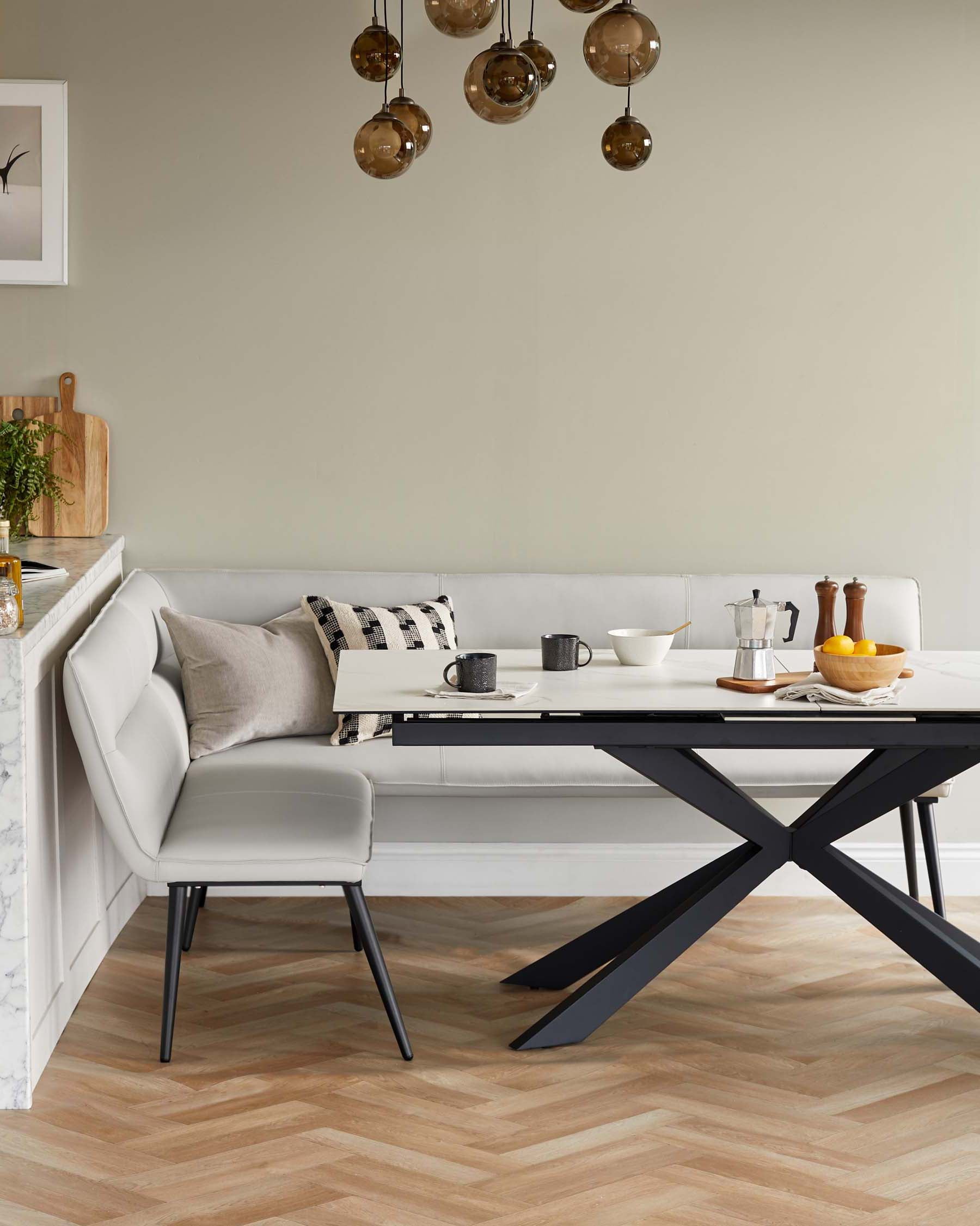 Seth light grey faux leather left hand corner 5 seater dining bench