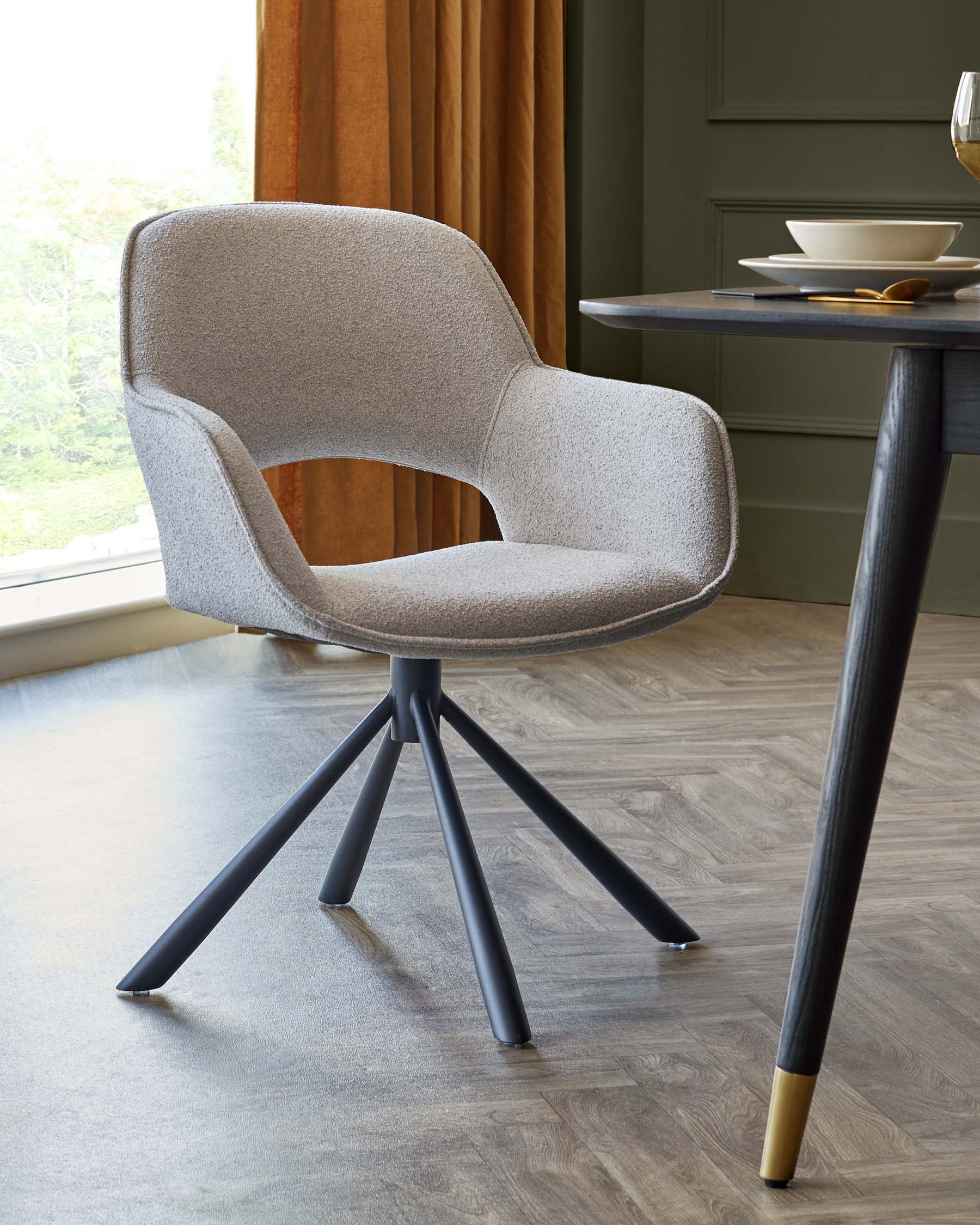 Marlow Swivel Black Metal Dining Chairs Light Grey Boucle
