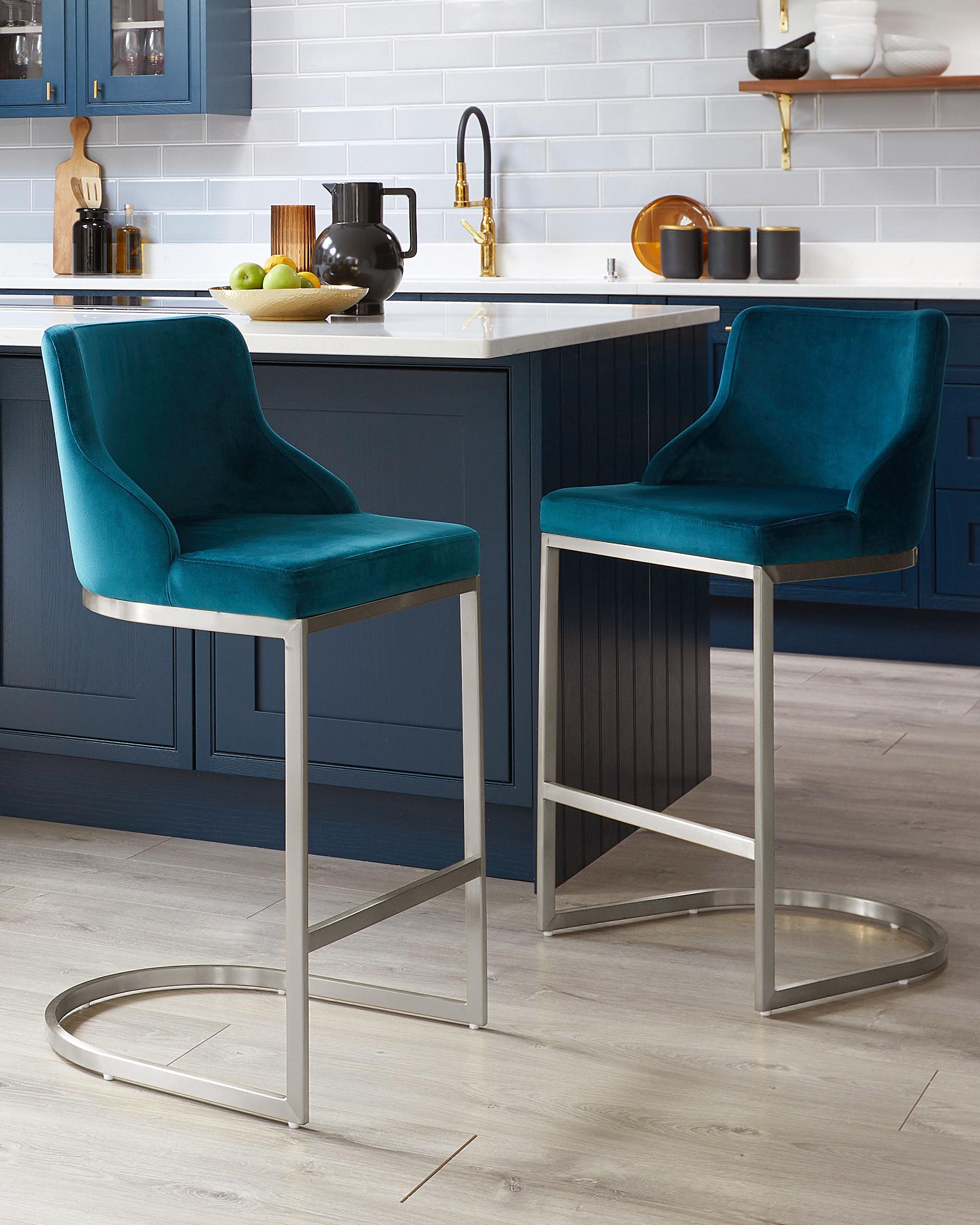 Form Dark Teal Velvet And Brushed Steel Bar Stool With Backrest (Sold in pairs)