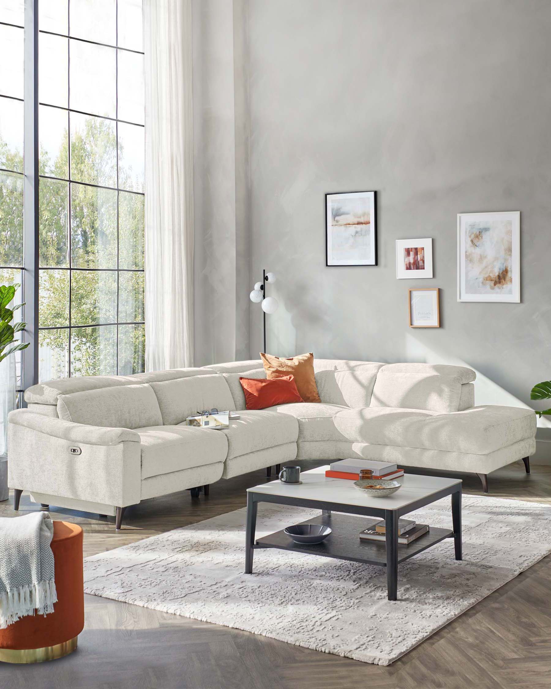 Serene Dark Wood Right Hand Corner Chaise Recliner Sofa Chenille Ivory