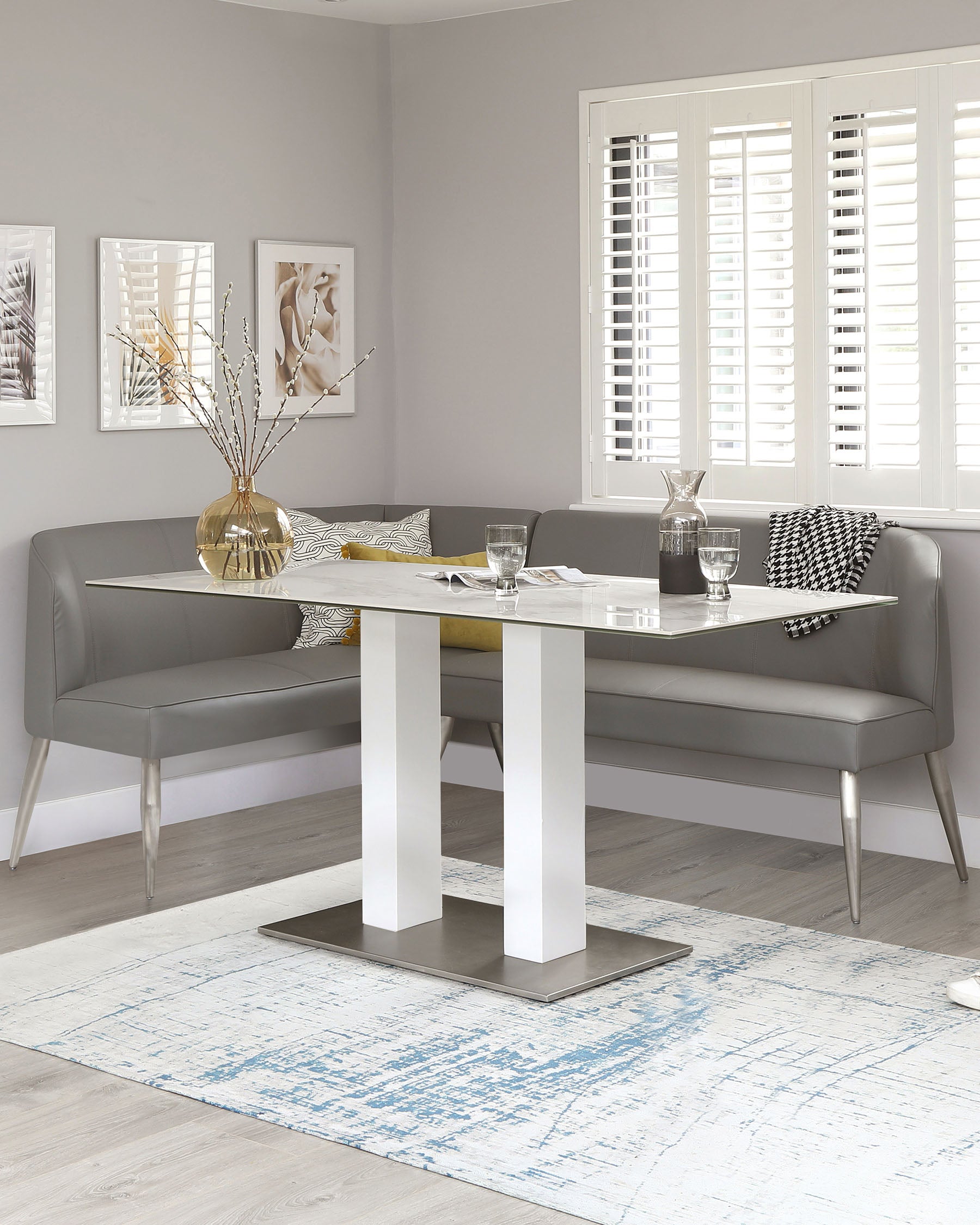 Mellow Mid Grey Faux Leather & Brushed Stainless Steel 5 Seater Right Hand Corner Bench