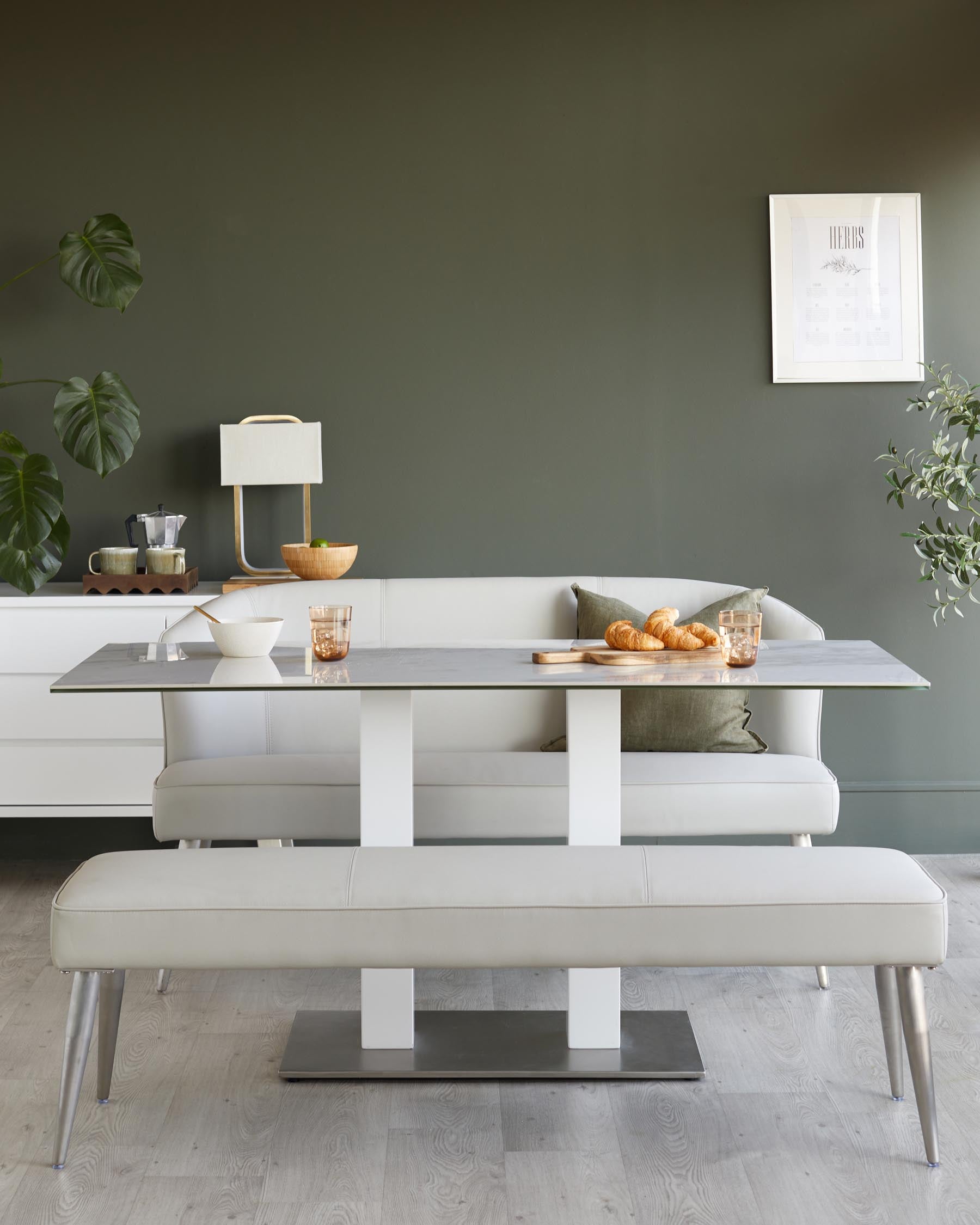 Mellow Light Grey Faux Leather Stainless Steel 3 Seater Dining Bench With Backrest