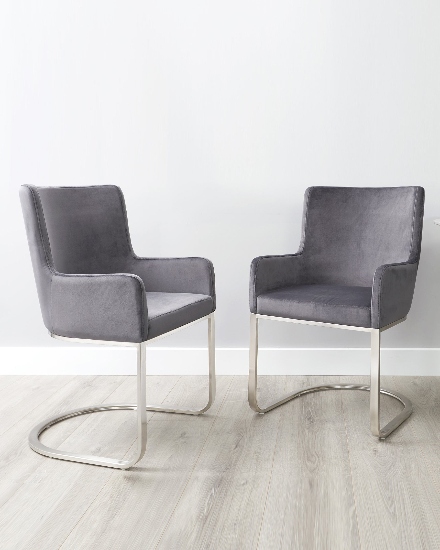 Form Dark Grey Velvet And Brushed Steel Cantilever Dining Armchair