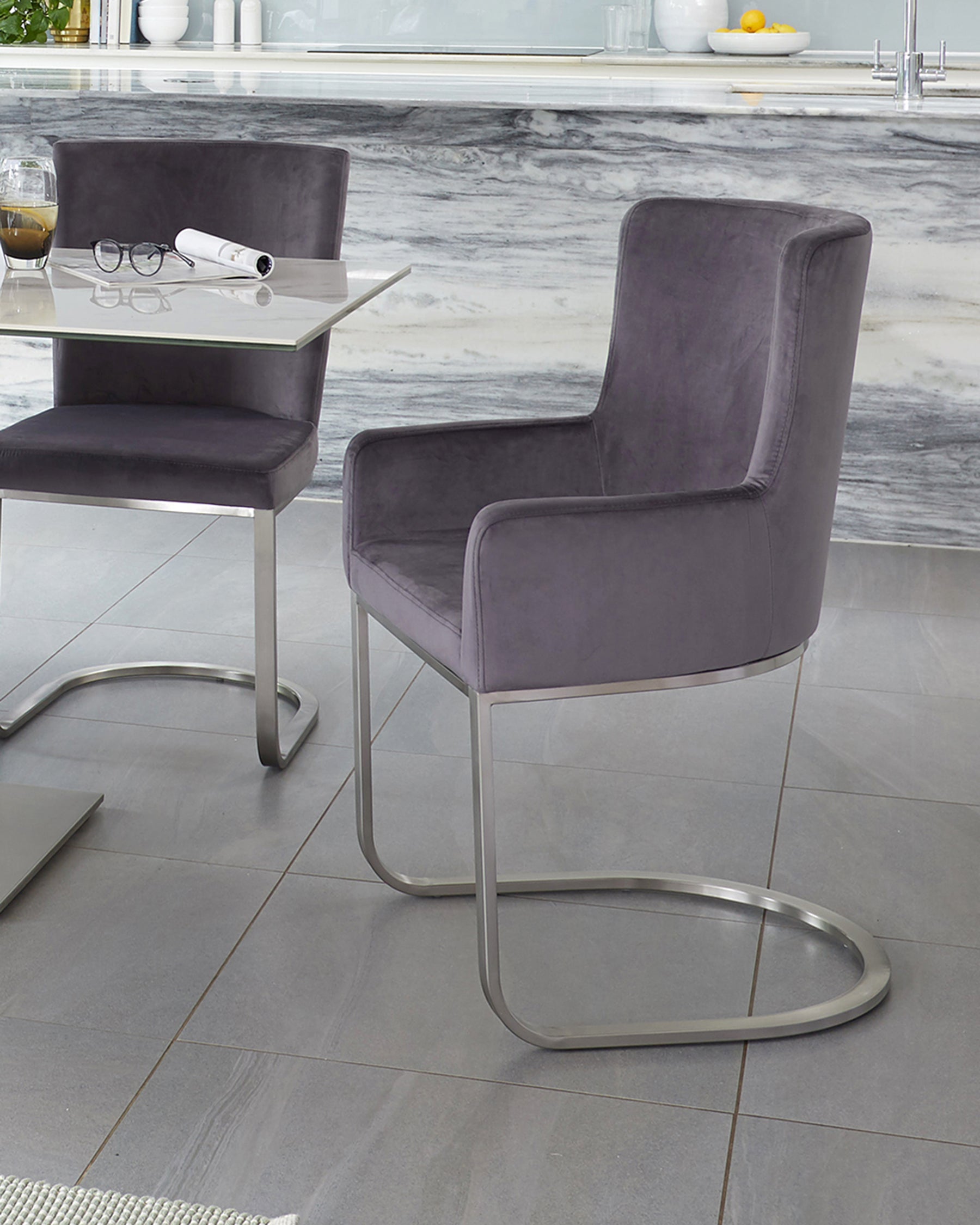 Form Dark Grey Velvet And Brushed Steel Cantilever Dining Armchair