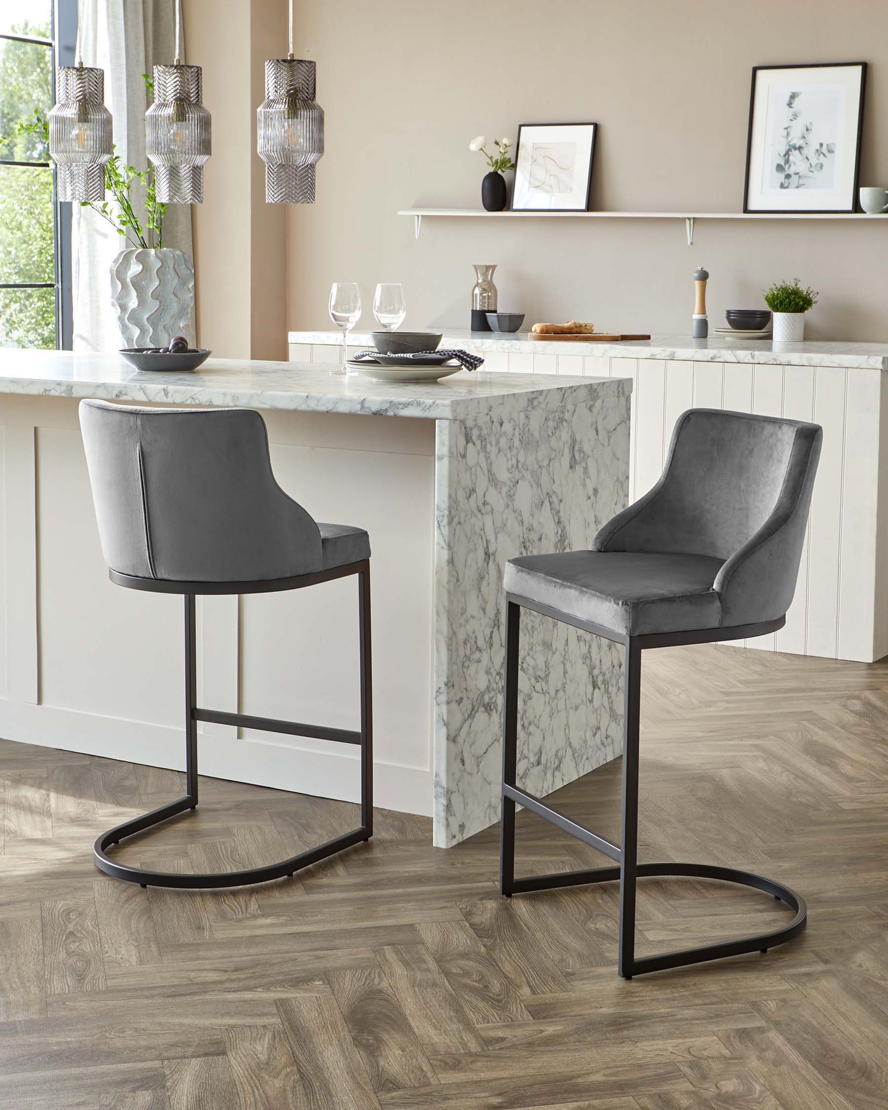 Form Dark Grey Velvet Bar stool With Black Frame