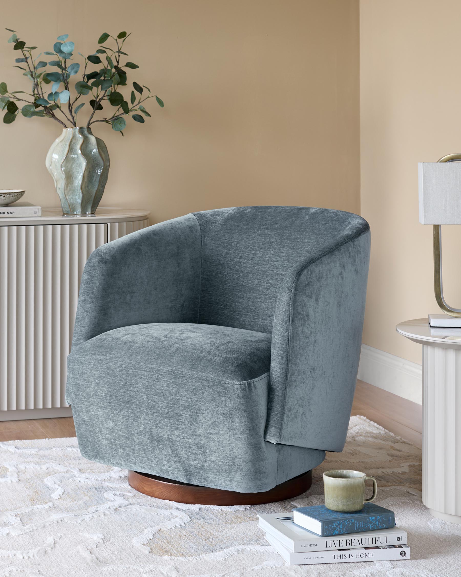 Natalia blue grey chenille swivel accent chair