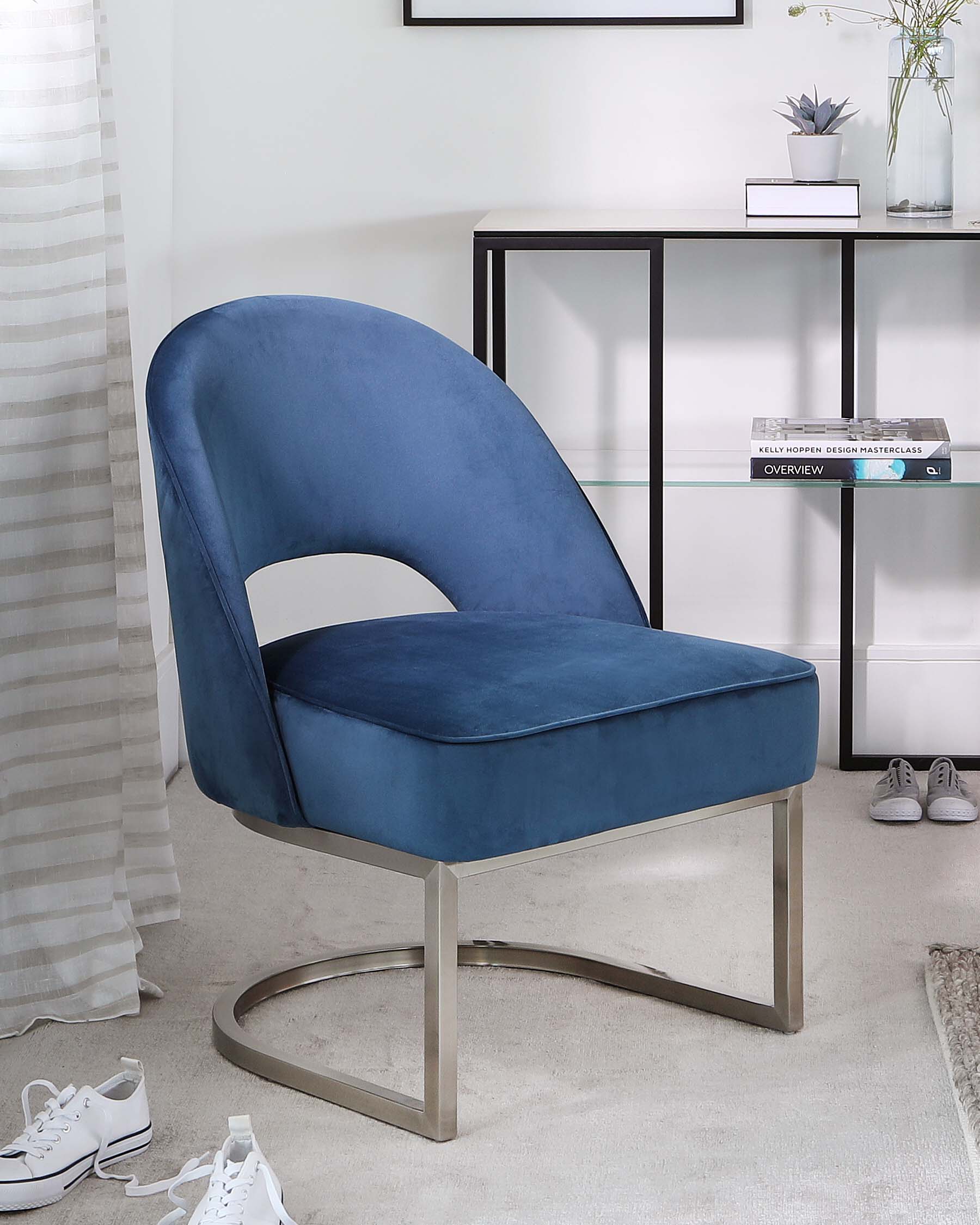Clover Cantilever Dark Blue Velvet Accent Chair