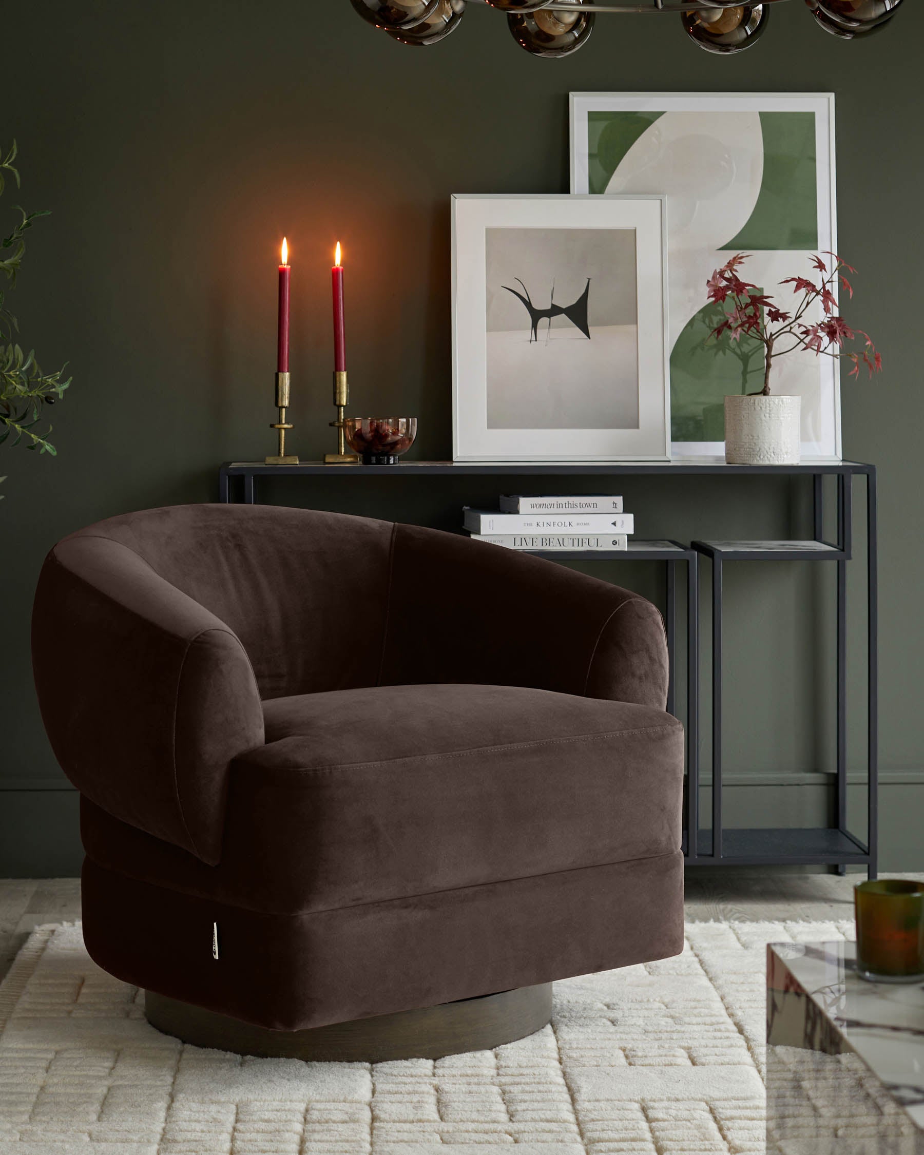 Callan dark mocha velvet swivel accent chair