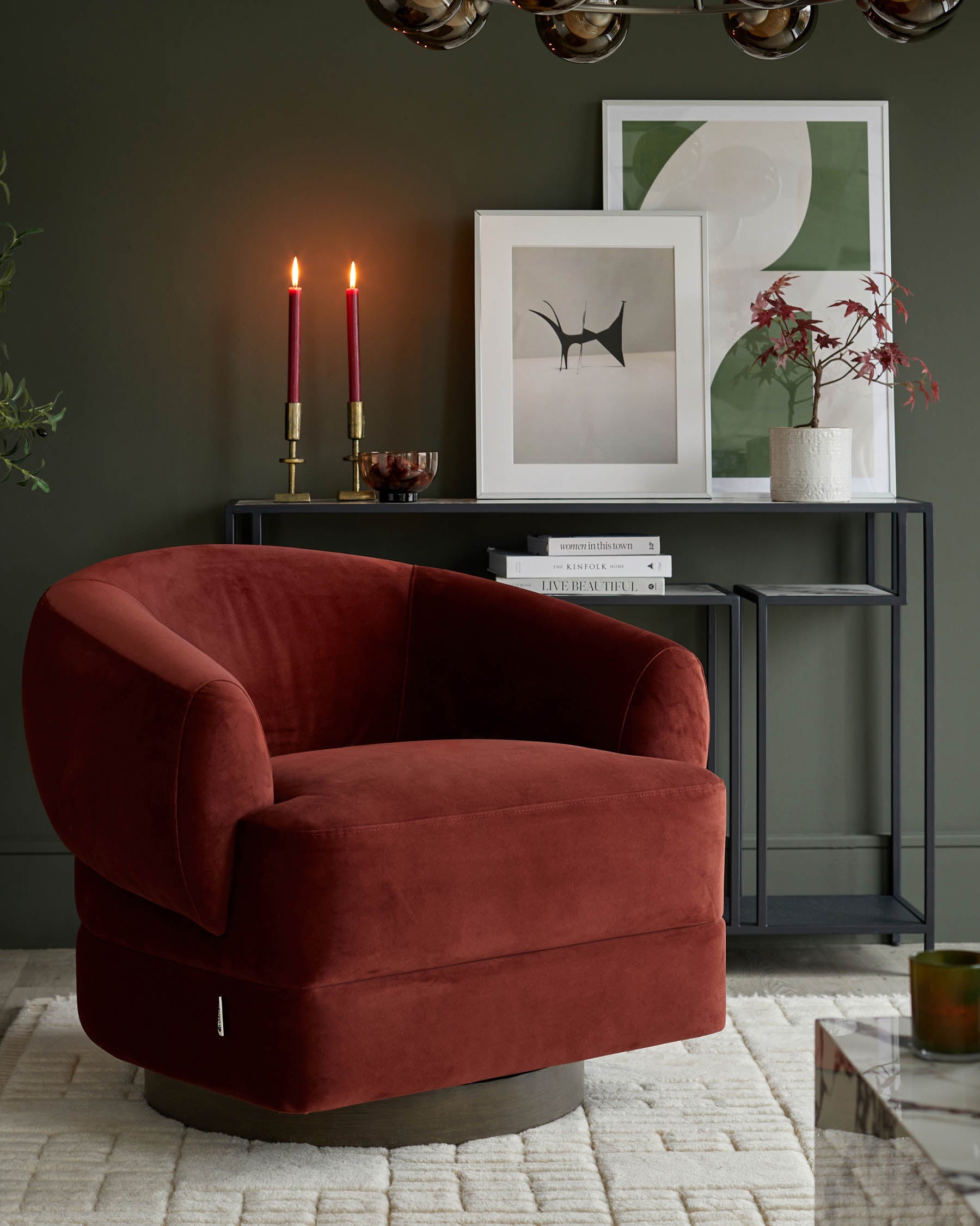 Callan toffee red velvet swivel accent chair
