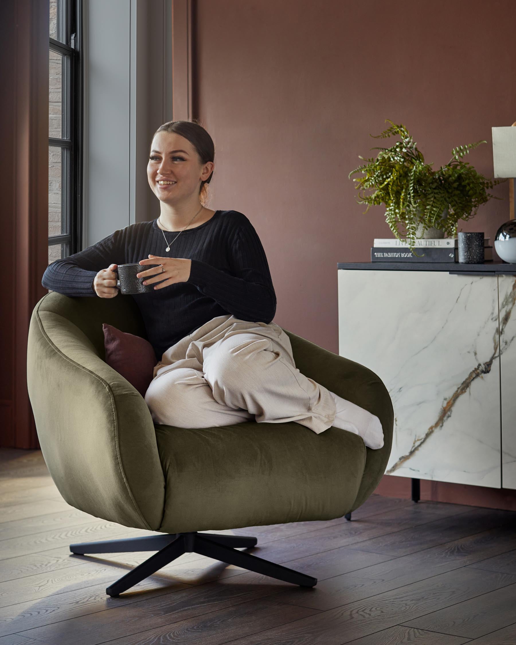 Soren olive green velvet swivel accent chair