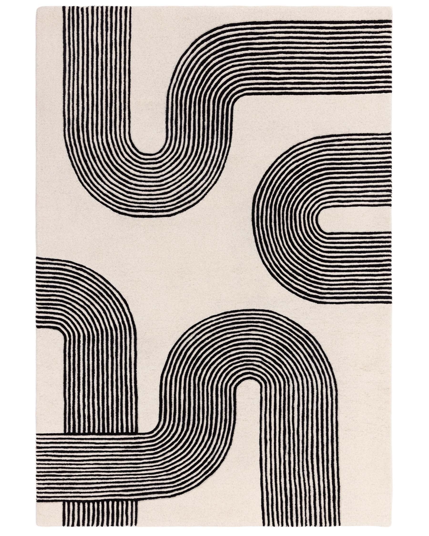 Abstract Lines Medium Sculpted Wool Rug Black and Cream