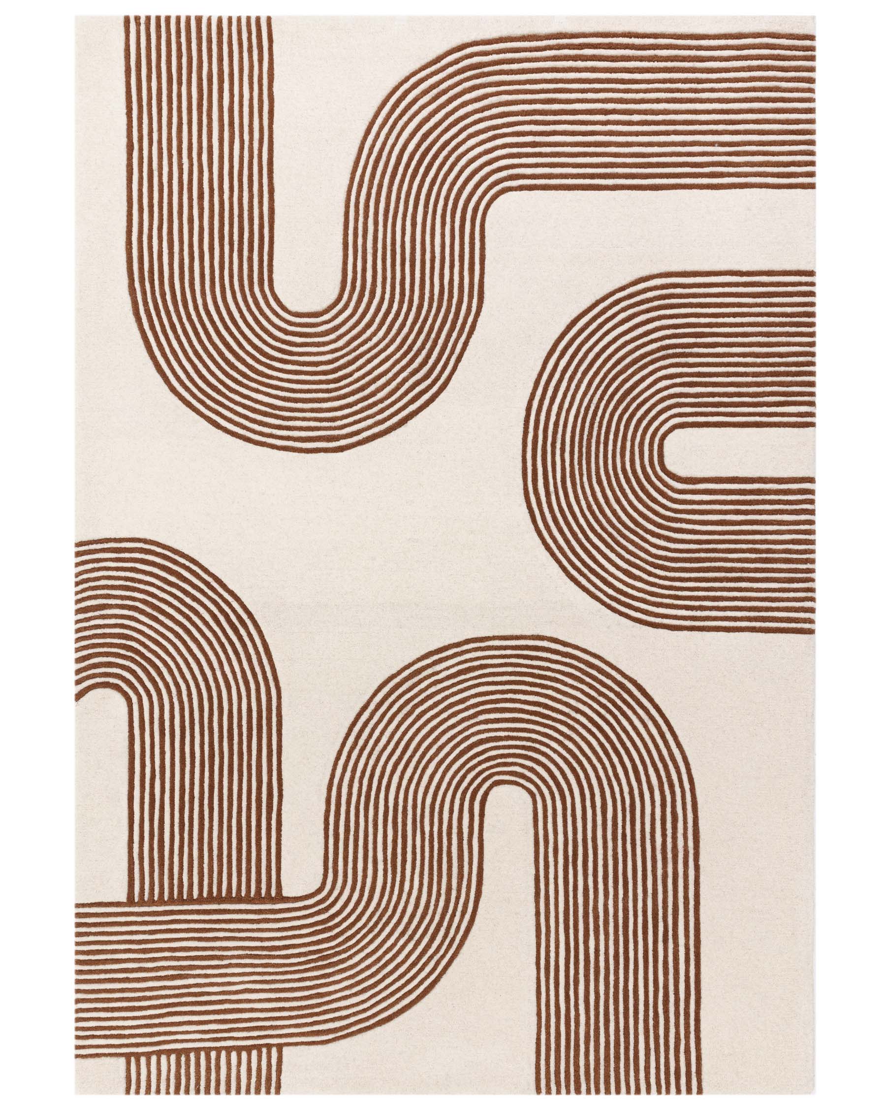 Abstract Lines Medium Sculpted Wool Rug Rust and Cream