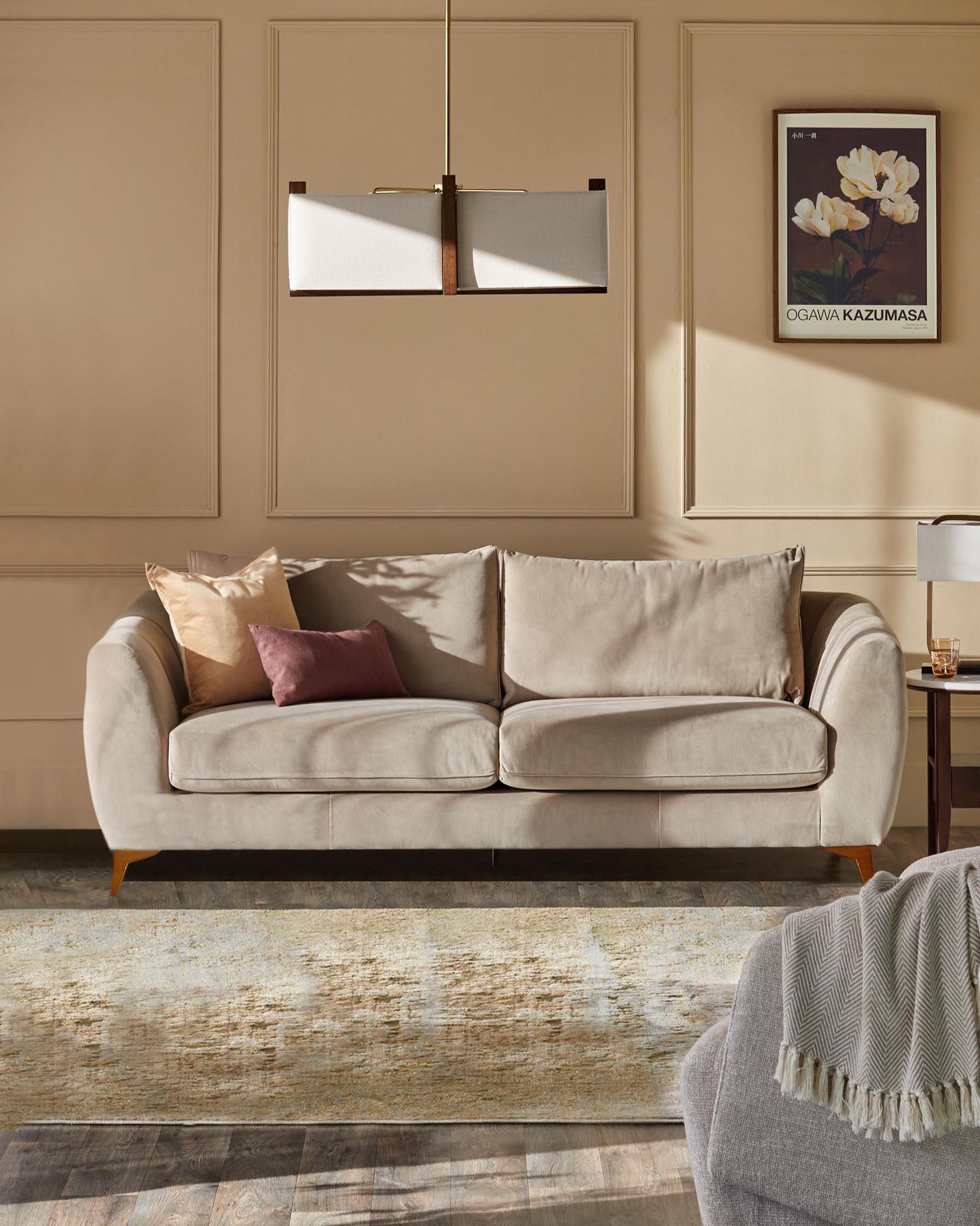 Genevieve champagne velvet 2 seater sofa with wooden leg
