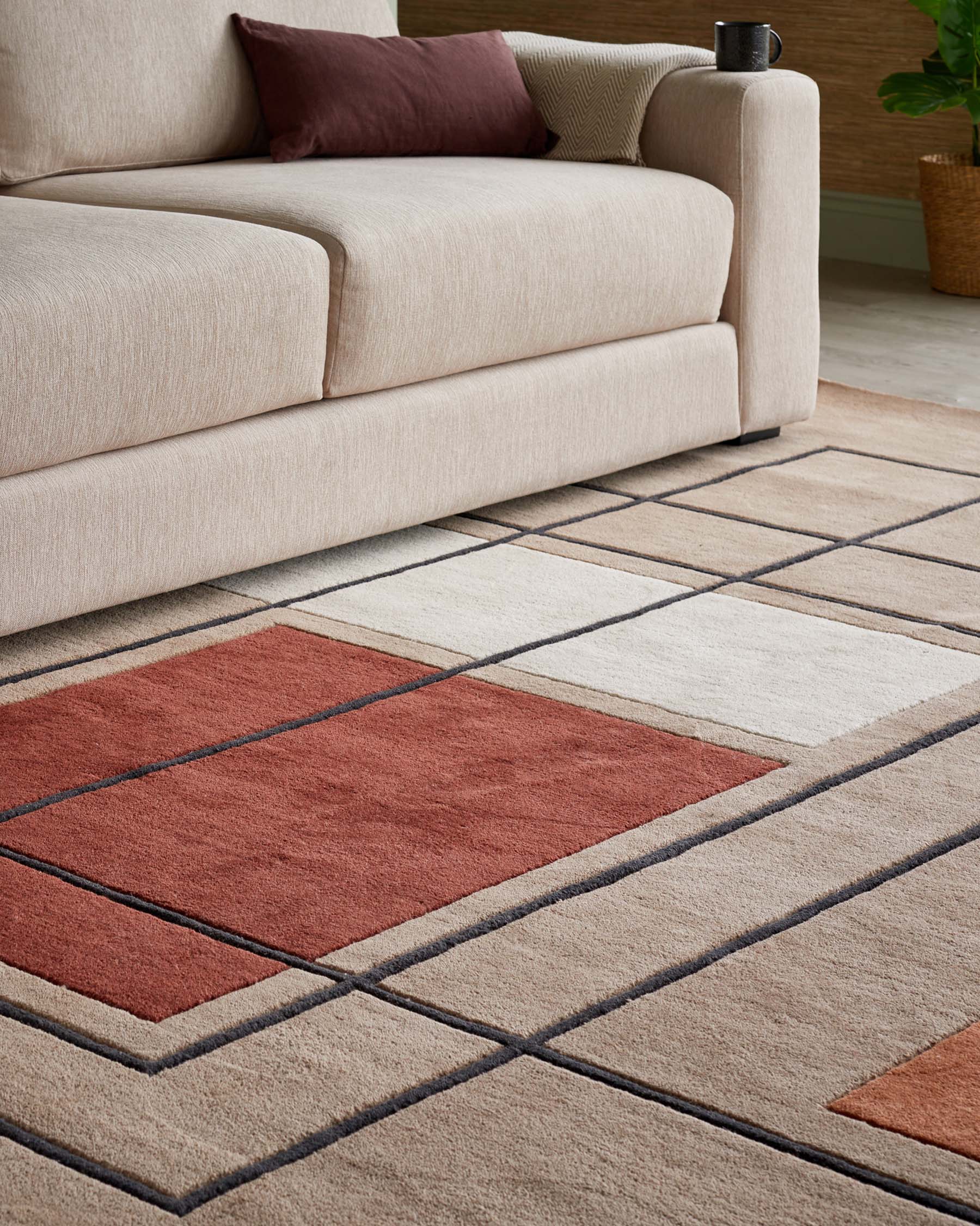 Abstract Squares Medium Sculpted Wool Rug Deep Red