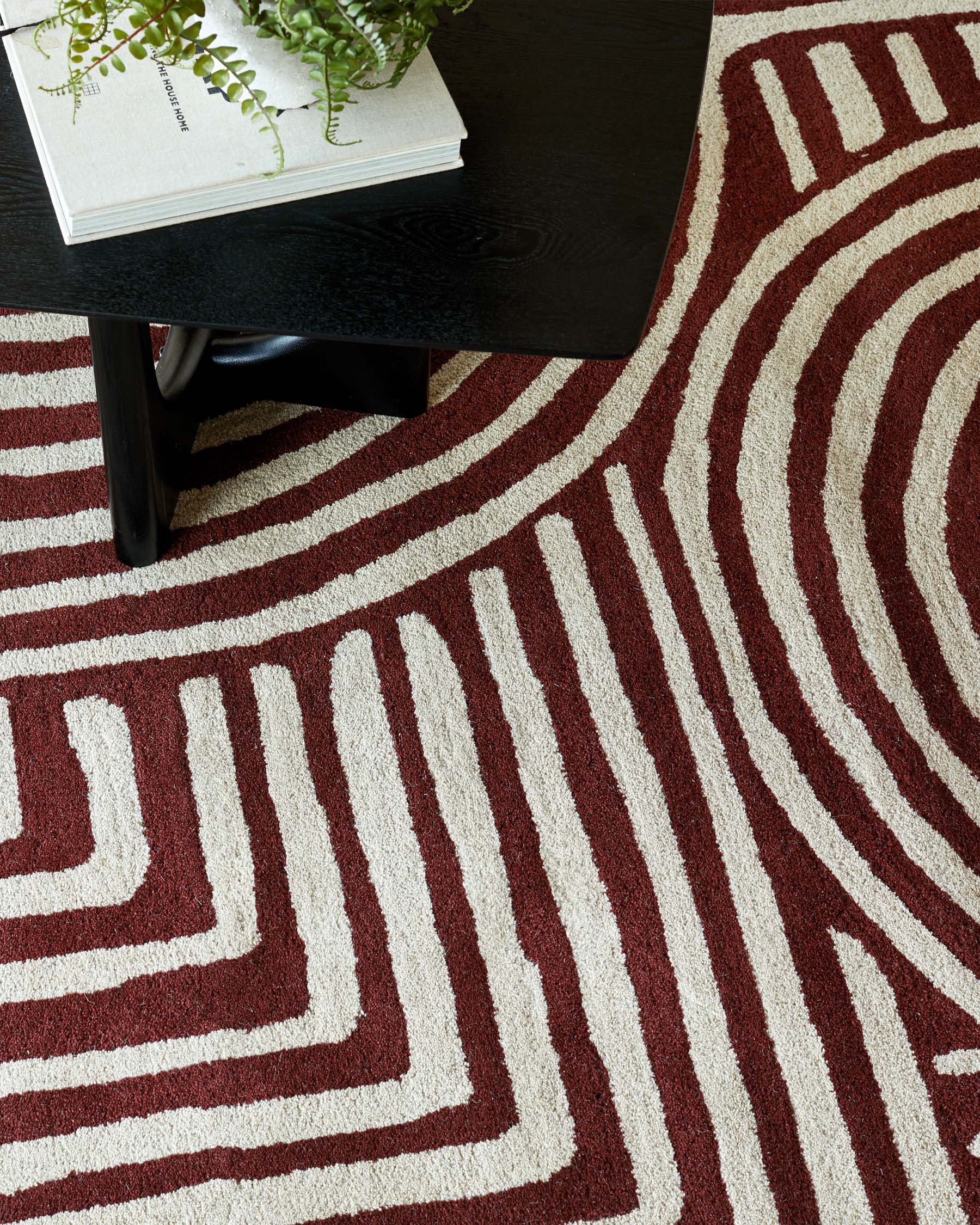 Abstract Swirl Large Sculpted Wool Rug Deep Red