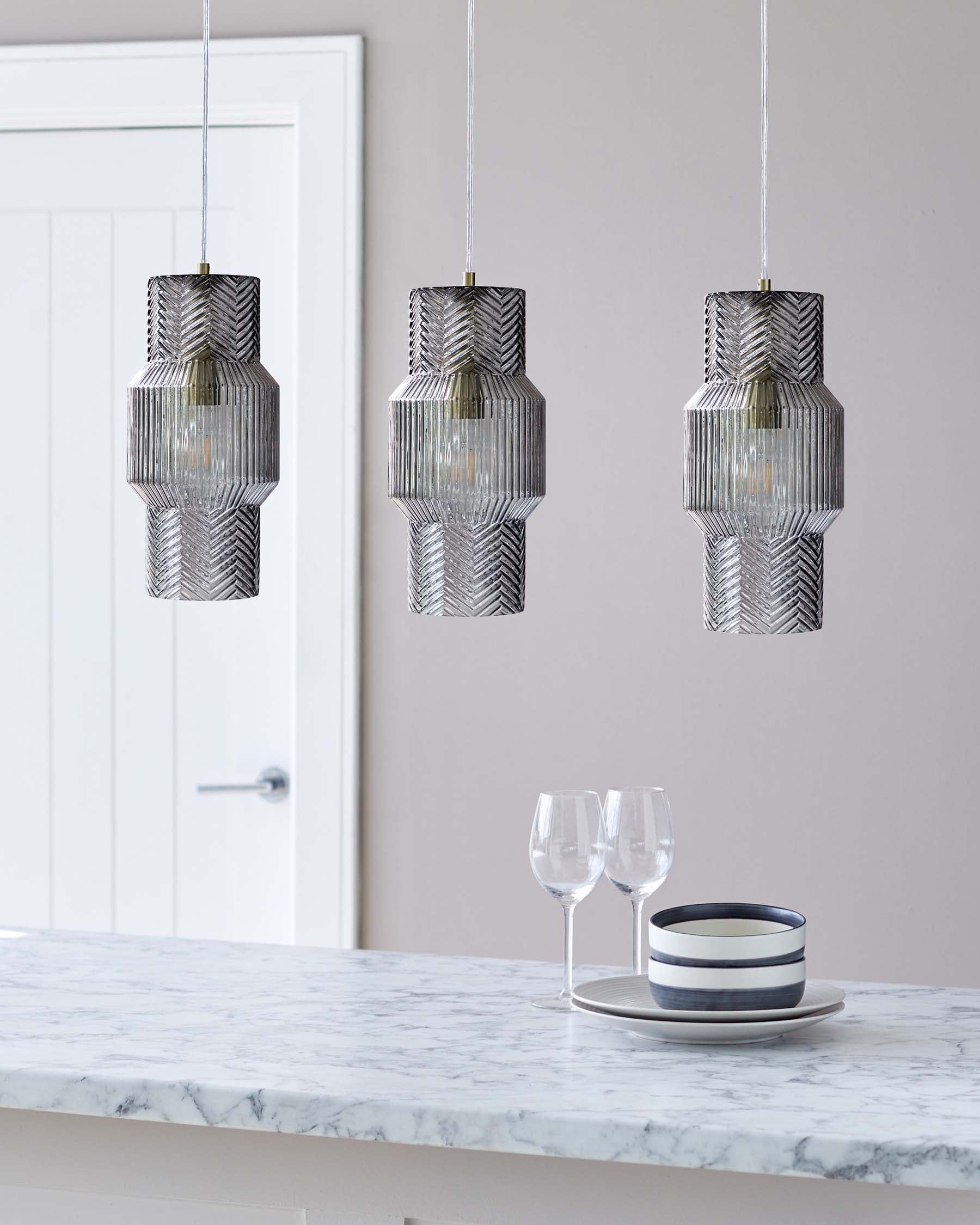 Leo Grey Glass 3 Light Brushed Brass Bar Pendant