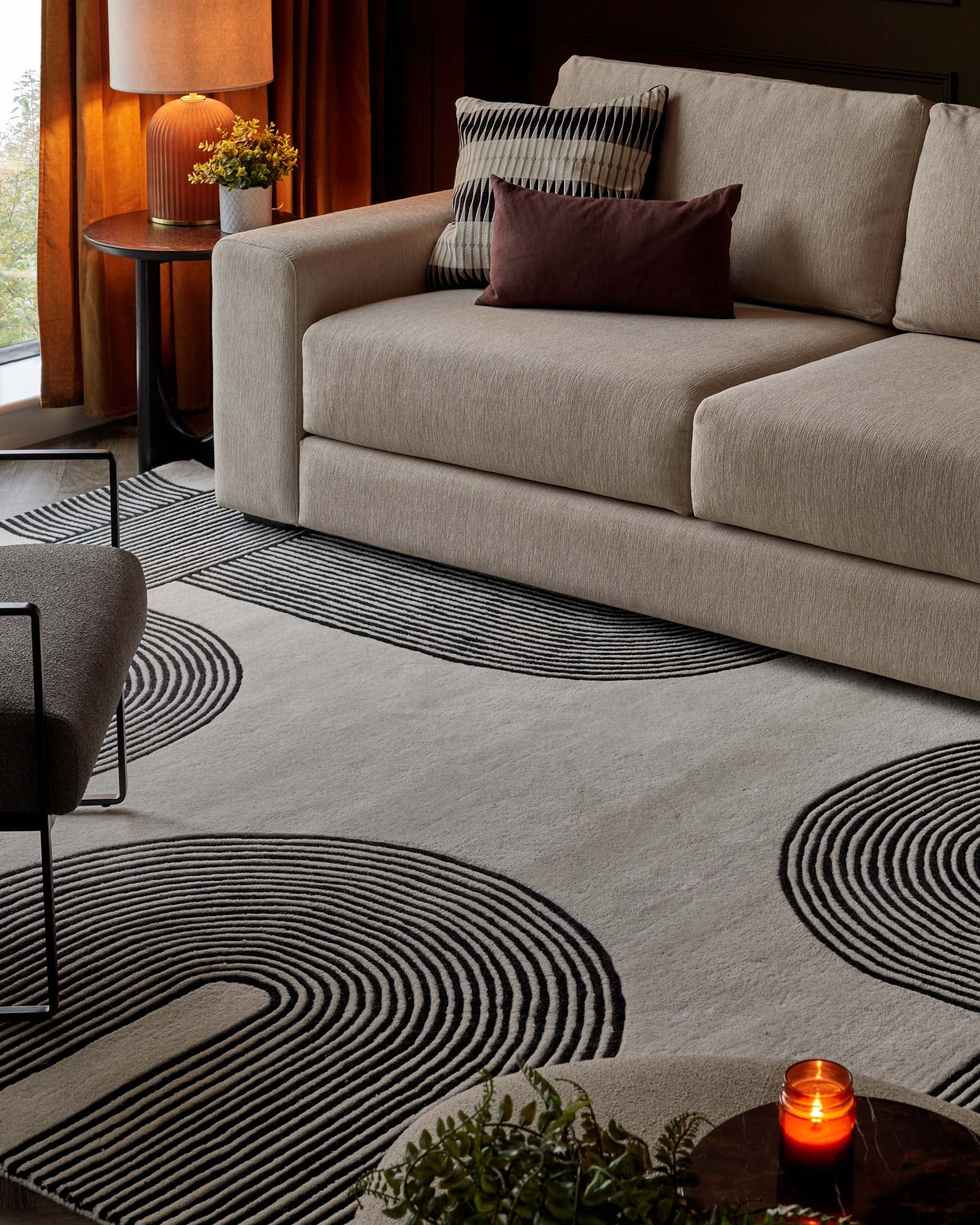 Abstract Lines black and cream wool small rug