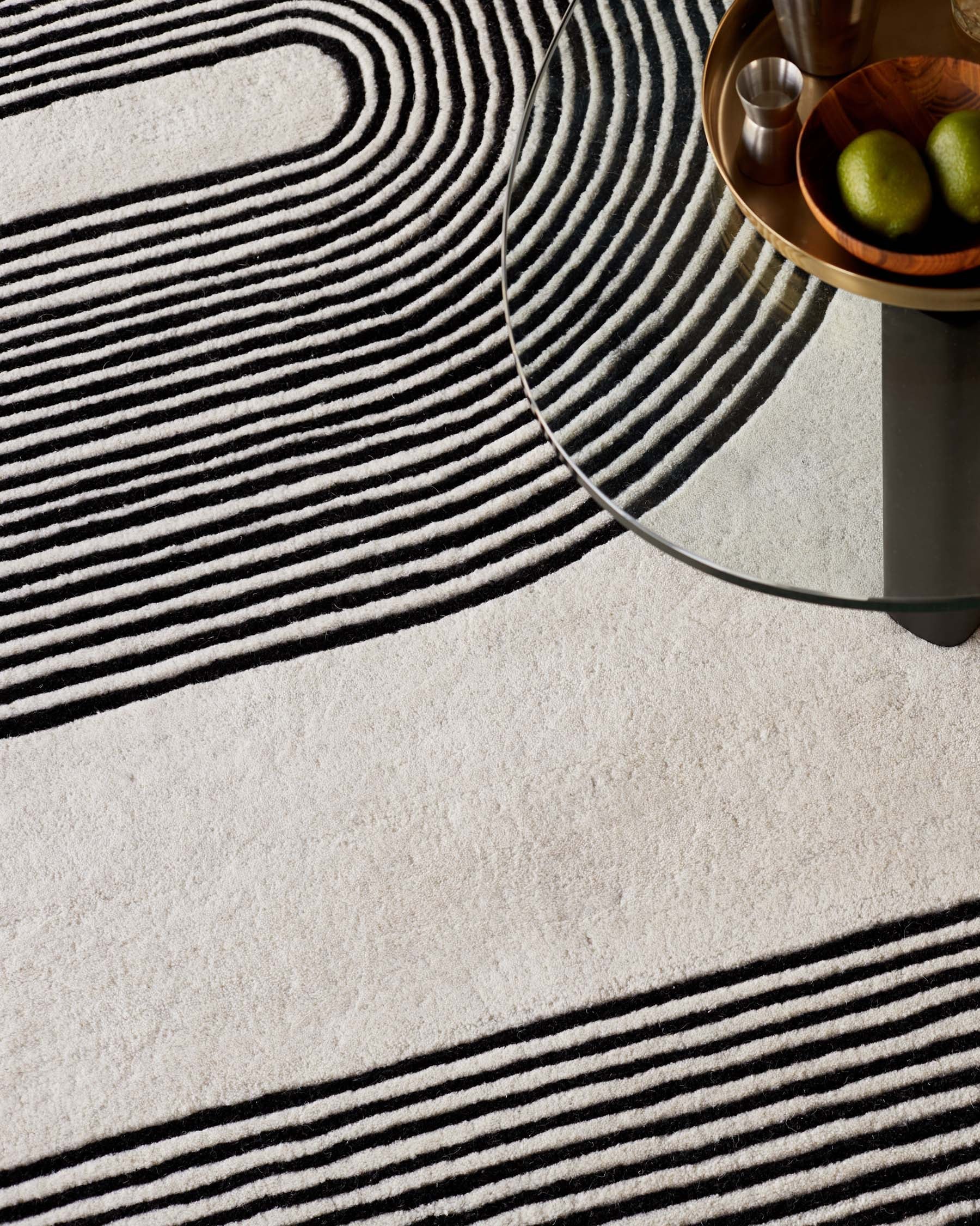 Abstract Lines black and cream wool small rug