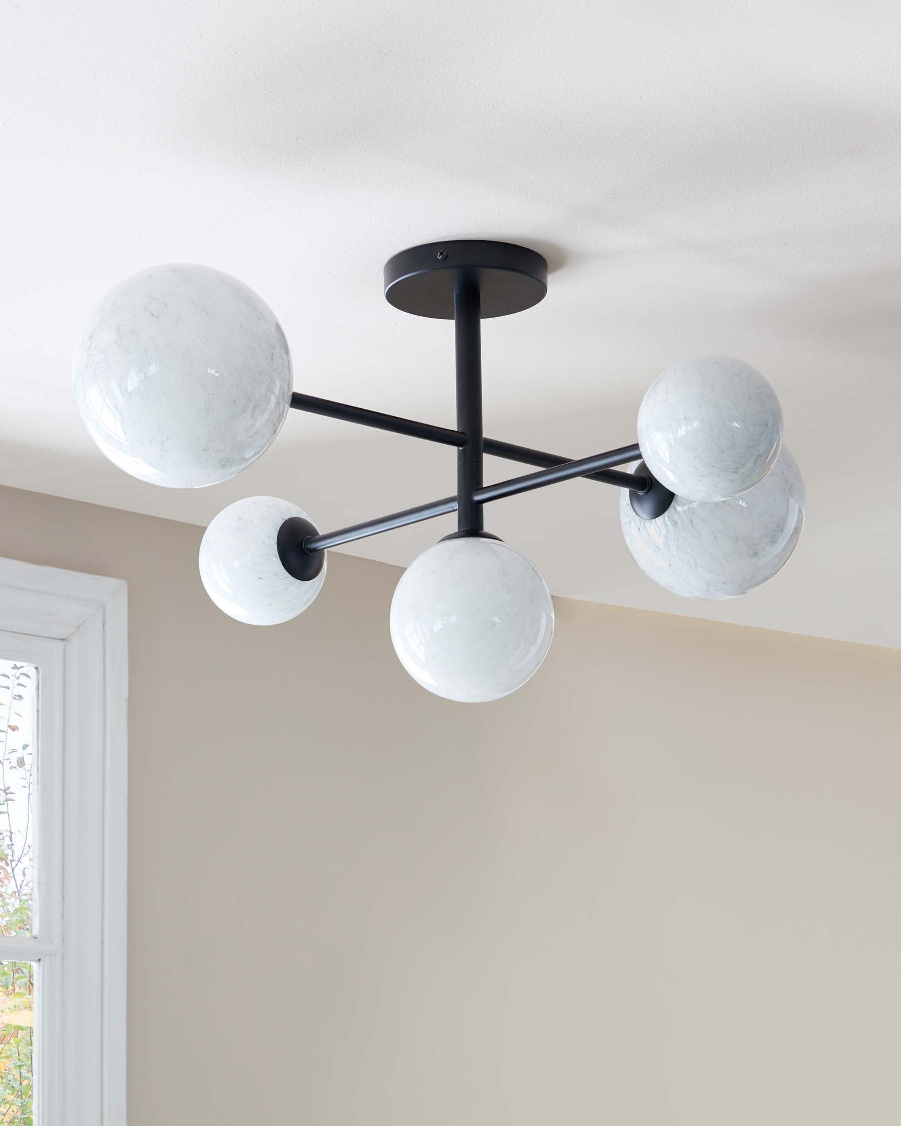 Riley Black Semi Flush Pendant Light with Marble Look Glass