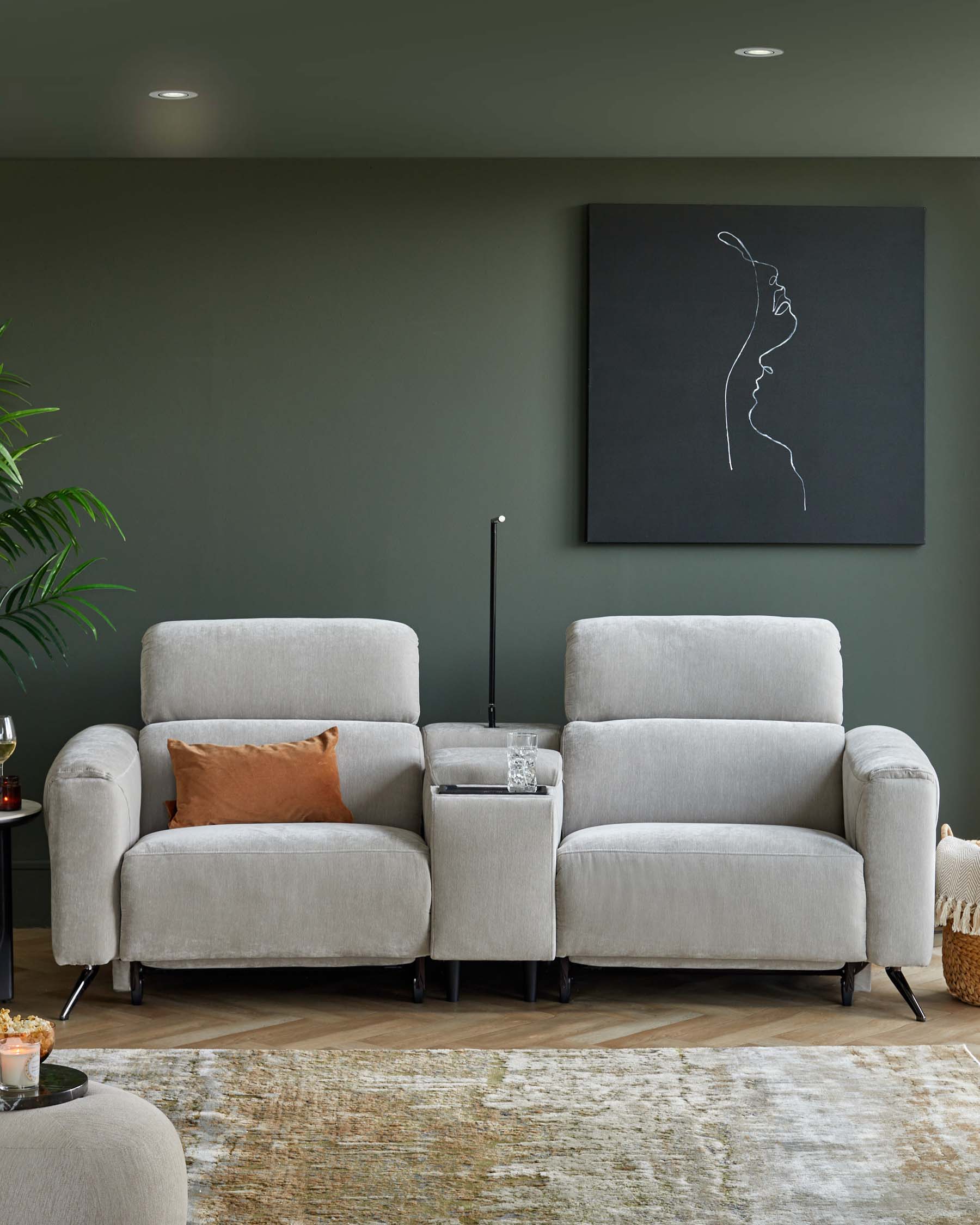 Kenzie light grey fabric recliner 2 seater sofa with console