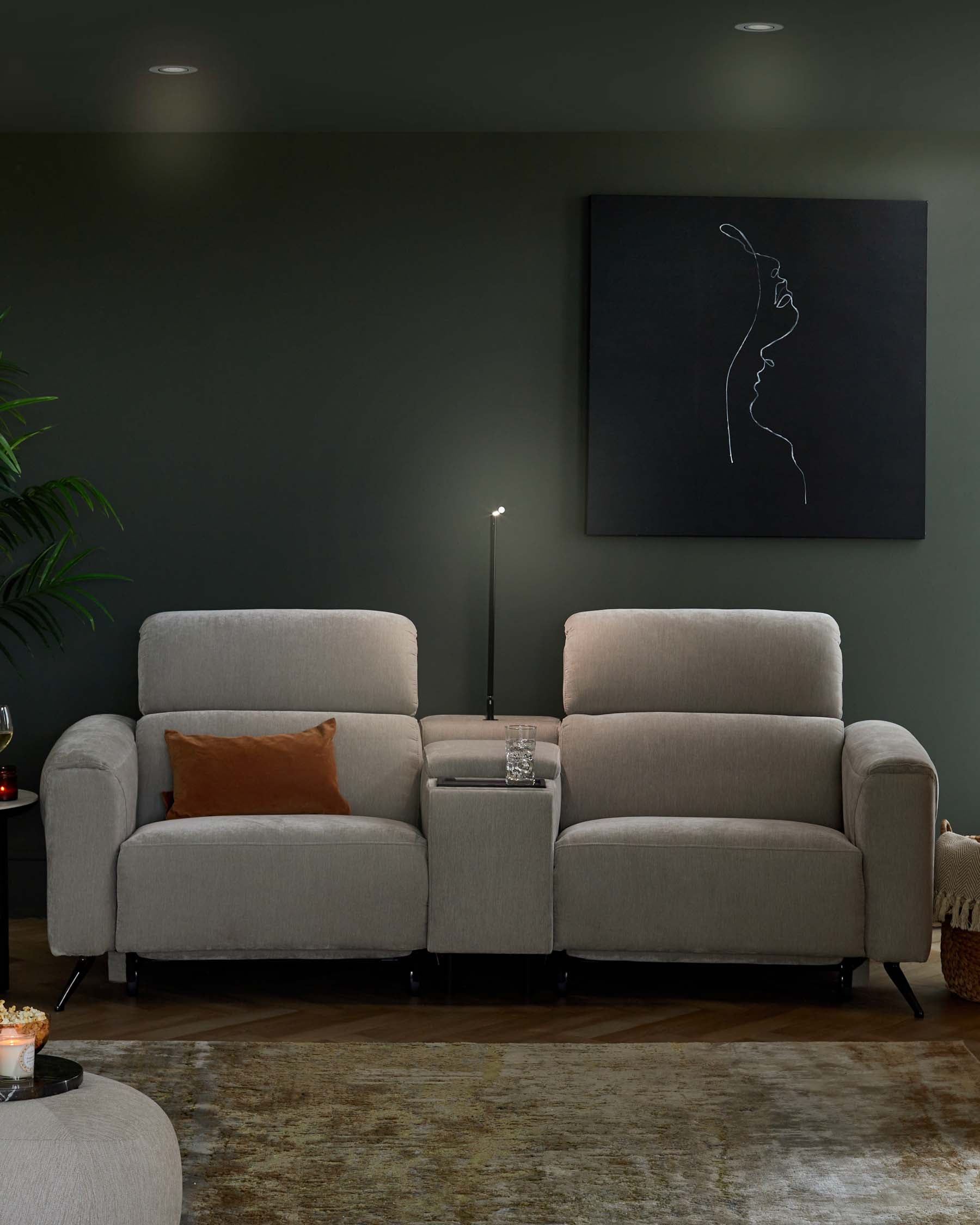 Kenzie light grey fabric recliner 2 seater sofa with console