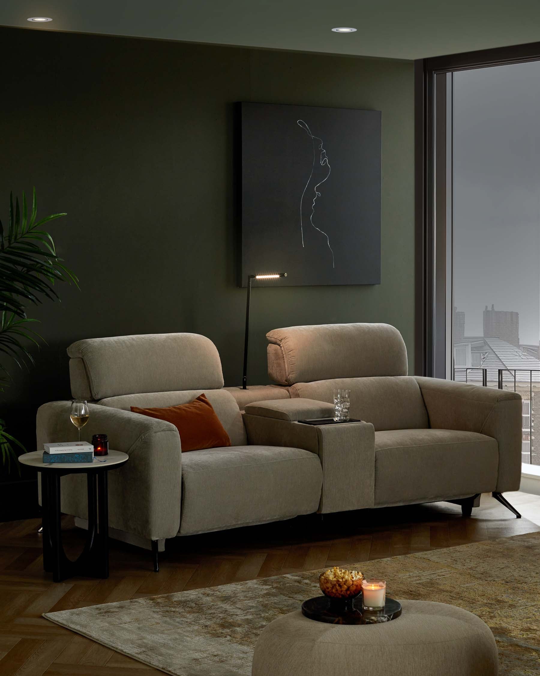 Kenzie light grey fabric recliner 2 seater sofa with console