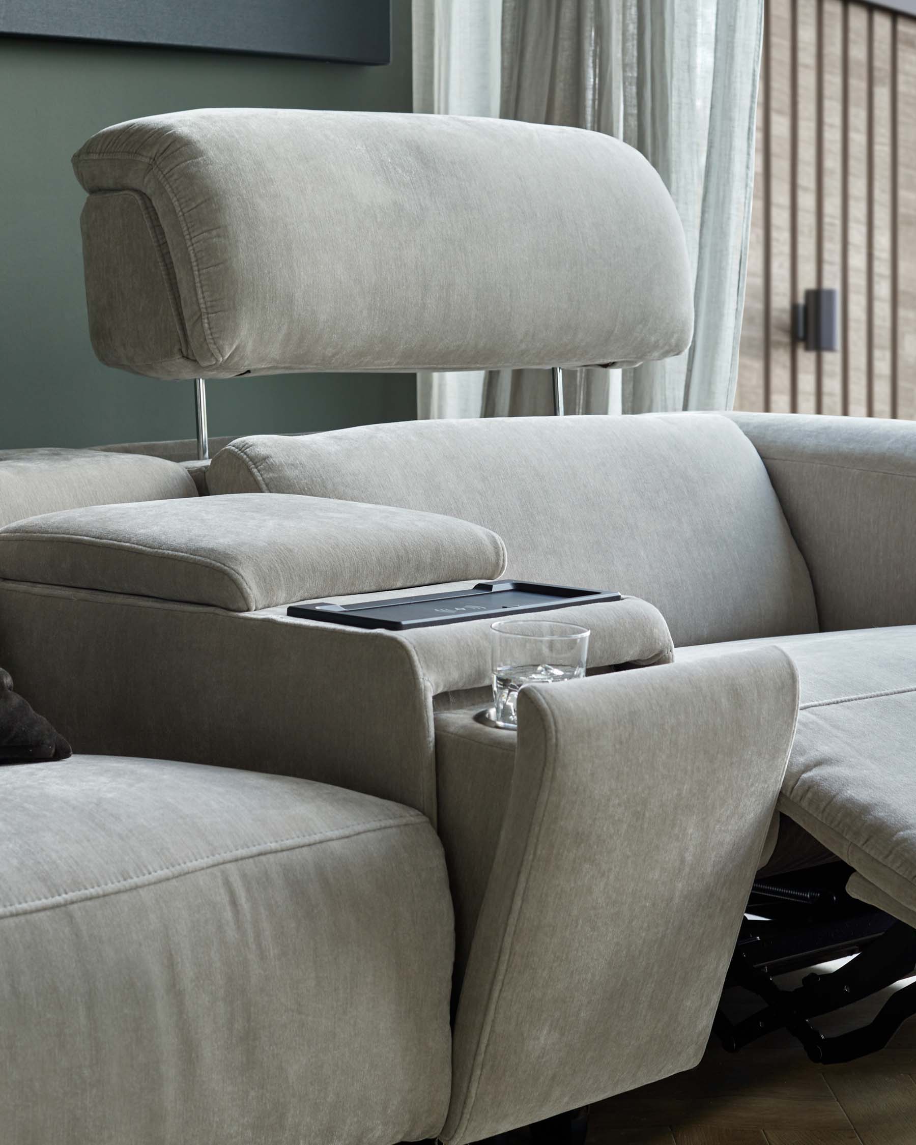 Kenzie light grey fabric recliner 2 seater sofa with console