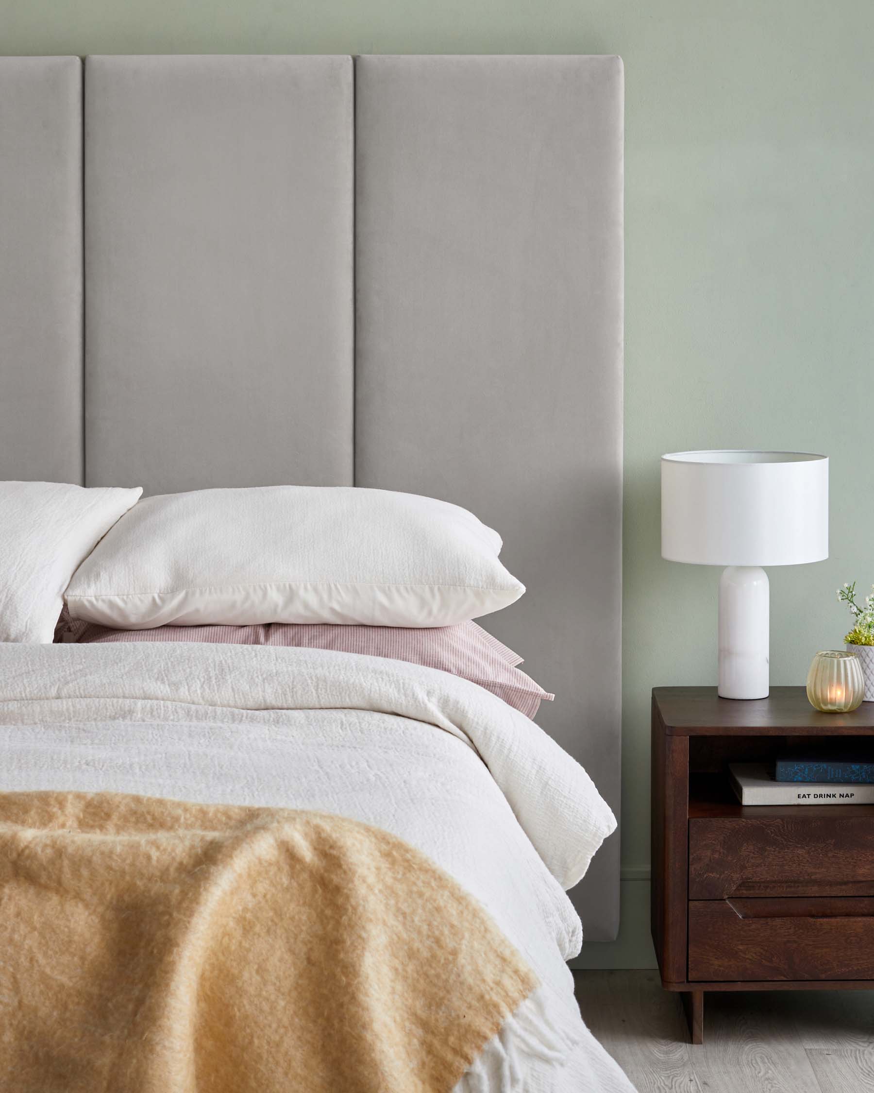 Penelope light grey recycled velvet small panel headboard