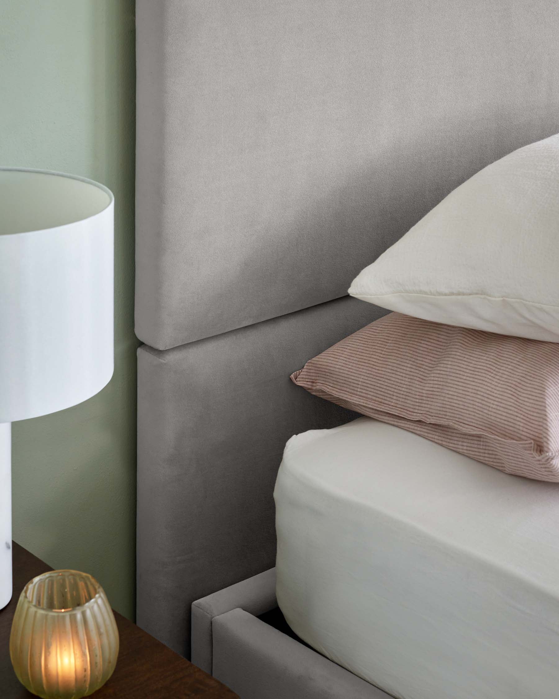 Penelope light grey recycled velvet small panel headboard