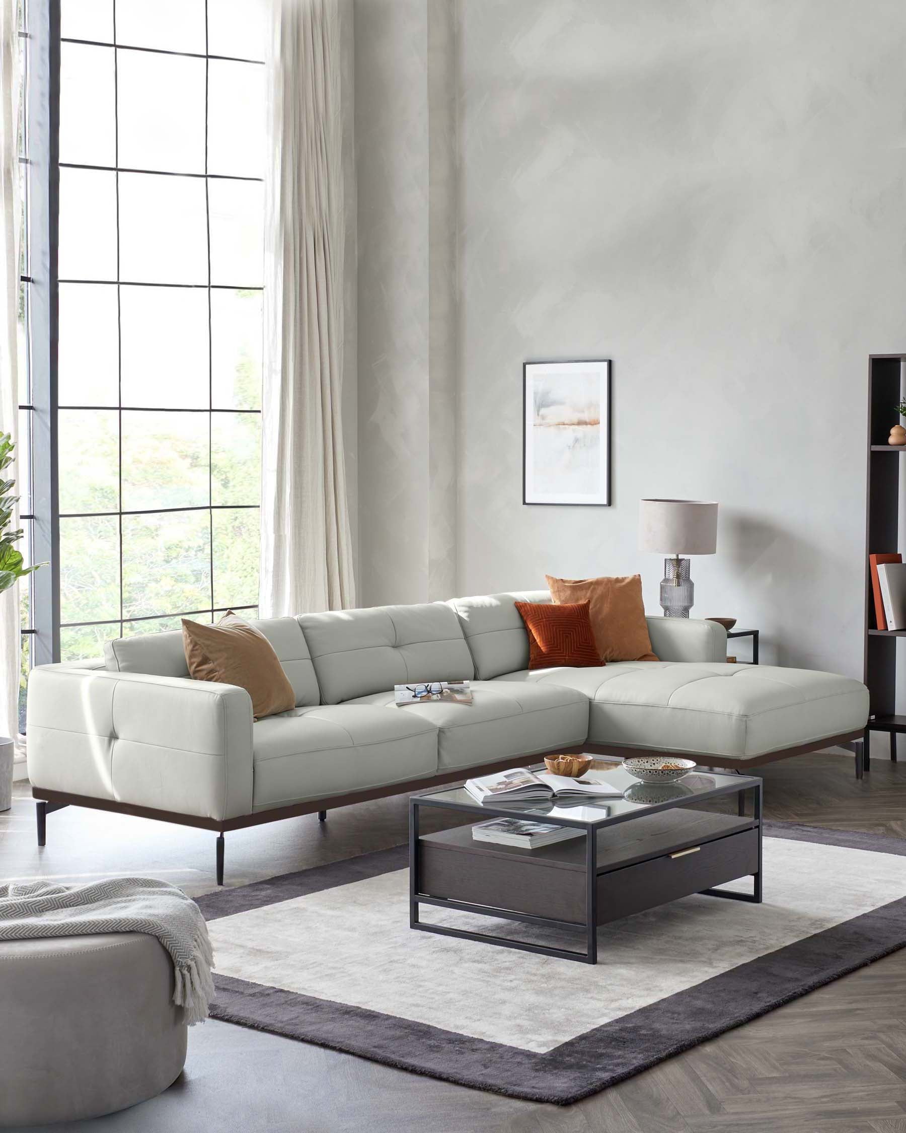 Colton Natural Grey Leather Right Hand Corner Chaise Sofa