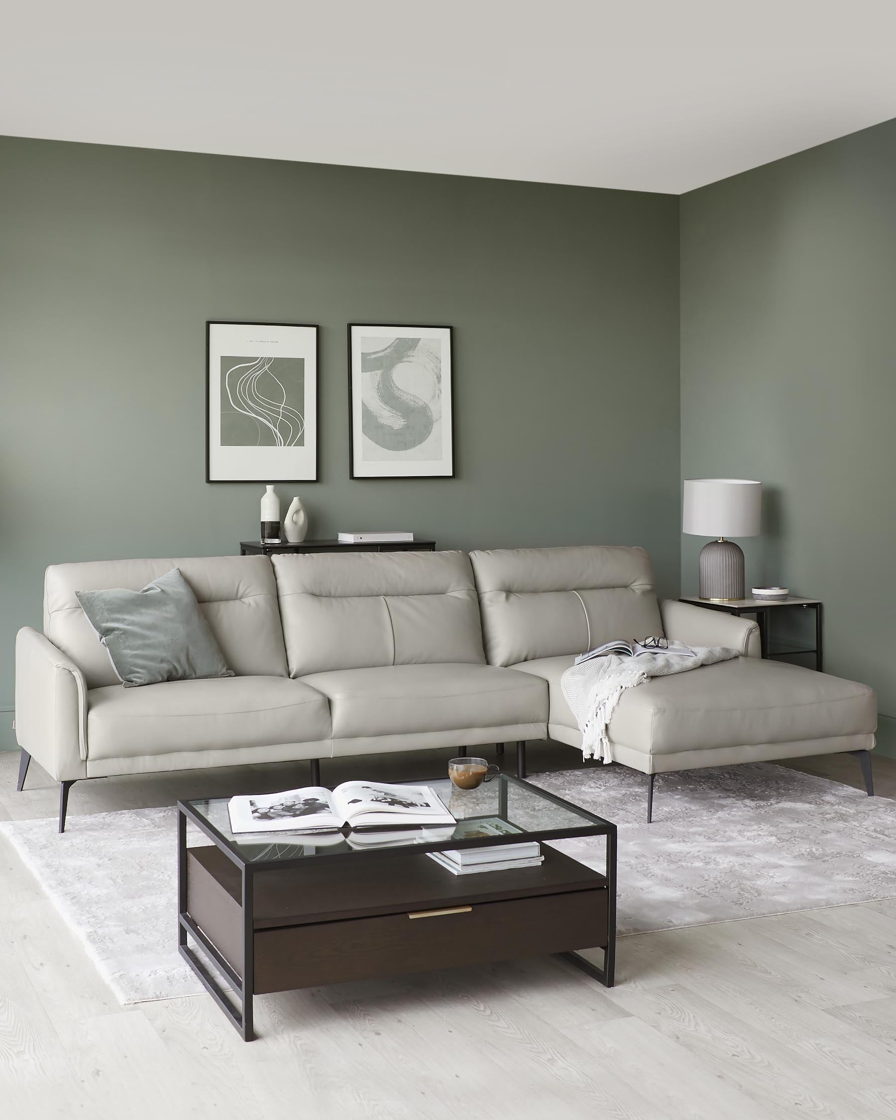 Brooks Light Grey Leather Right Hand Corner Chaise Sofa