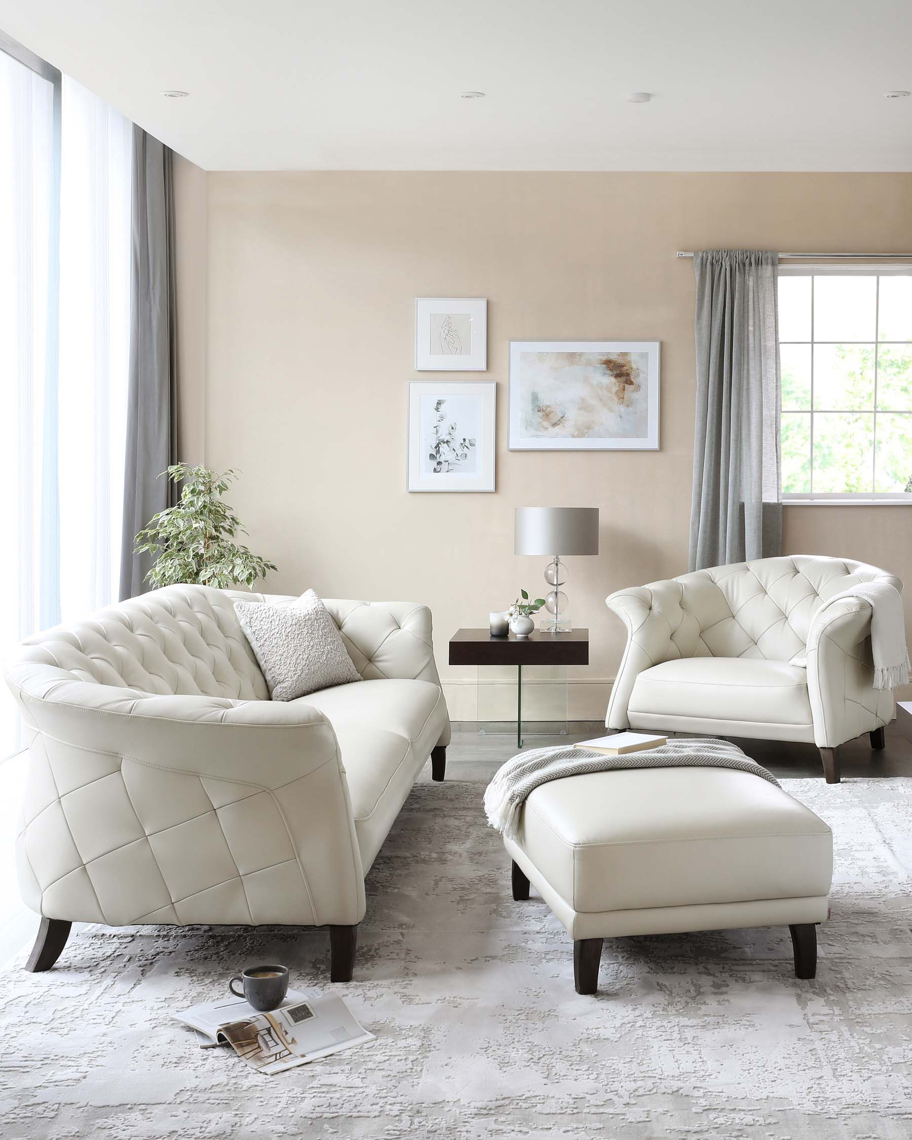 Luxe Modern White Leather With Dark Wood Leg Footstool