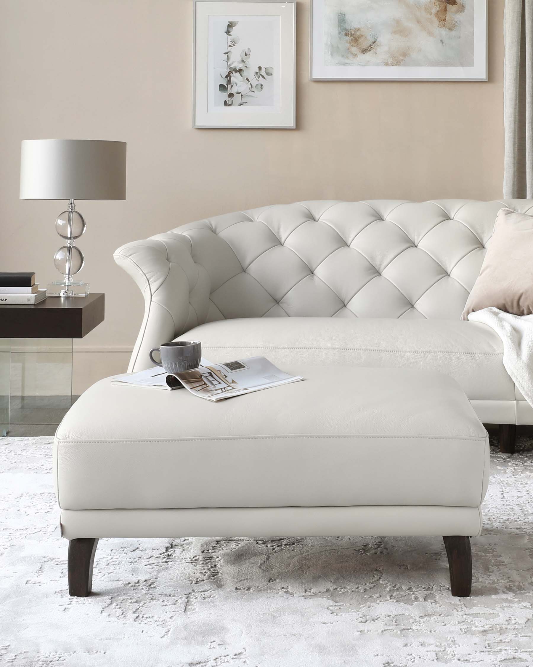 Luxe Modern White Leather With Dark Wood Leg Footstool