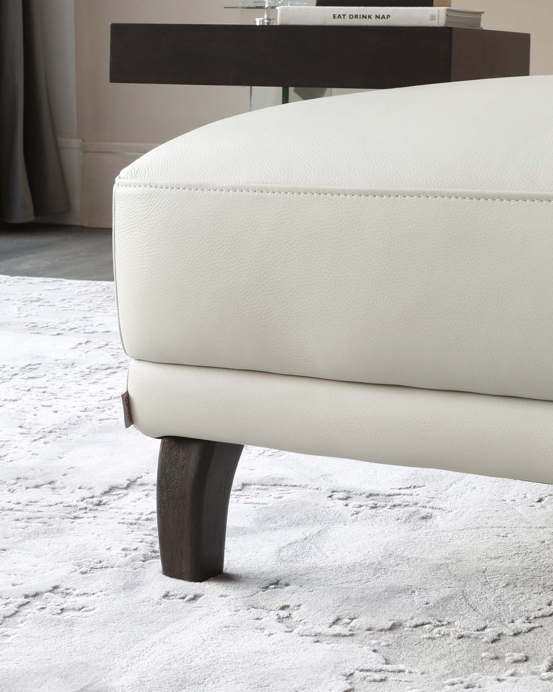 Luxe Modern White Leather With Dark Wood Leg Footstool