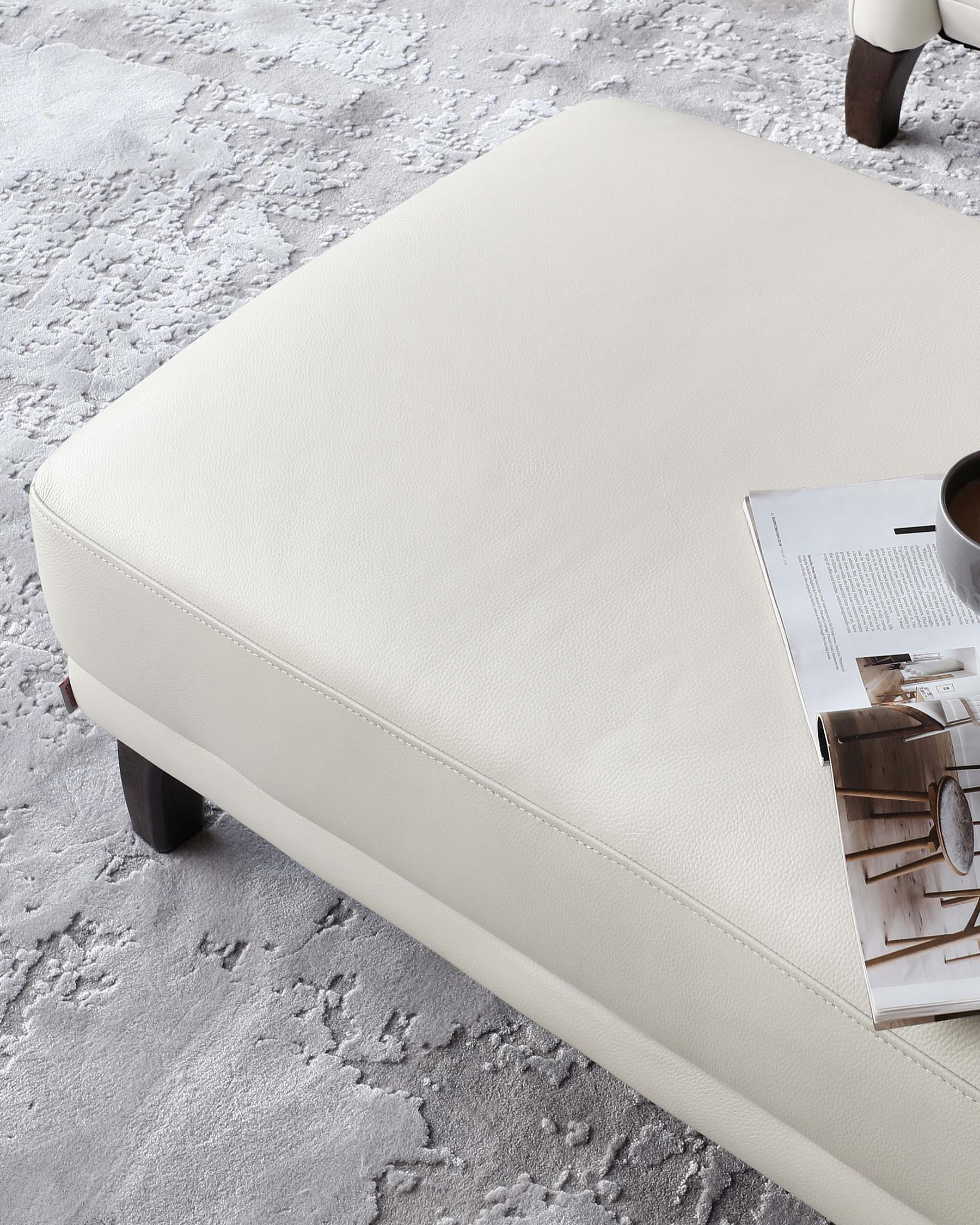 Luxe Modern White Leather With Dark Wood Leg Footstool