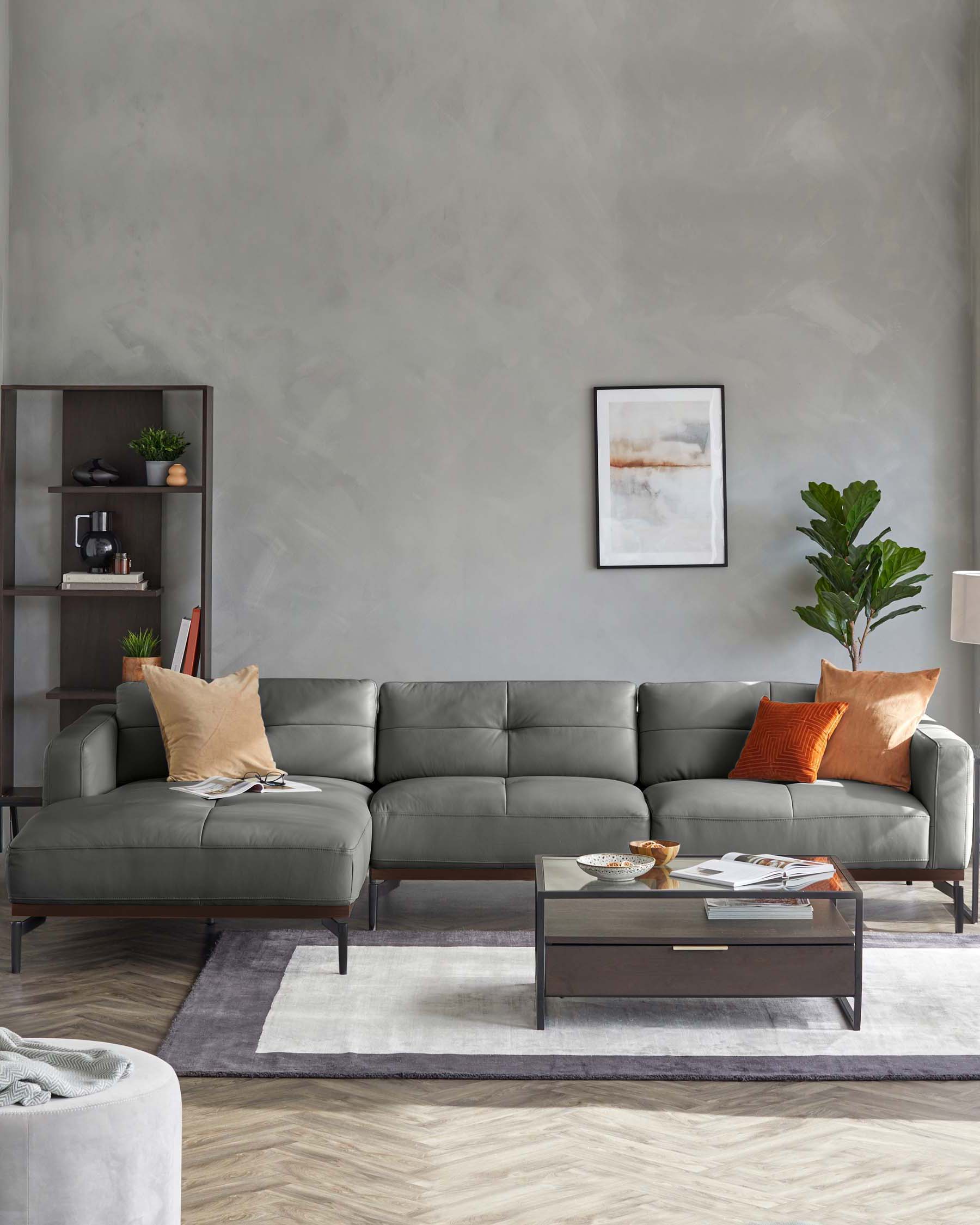 Colton Dark Grey Leather Left Hand Corner Chaise Sofa