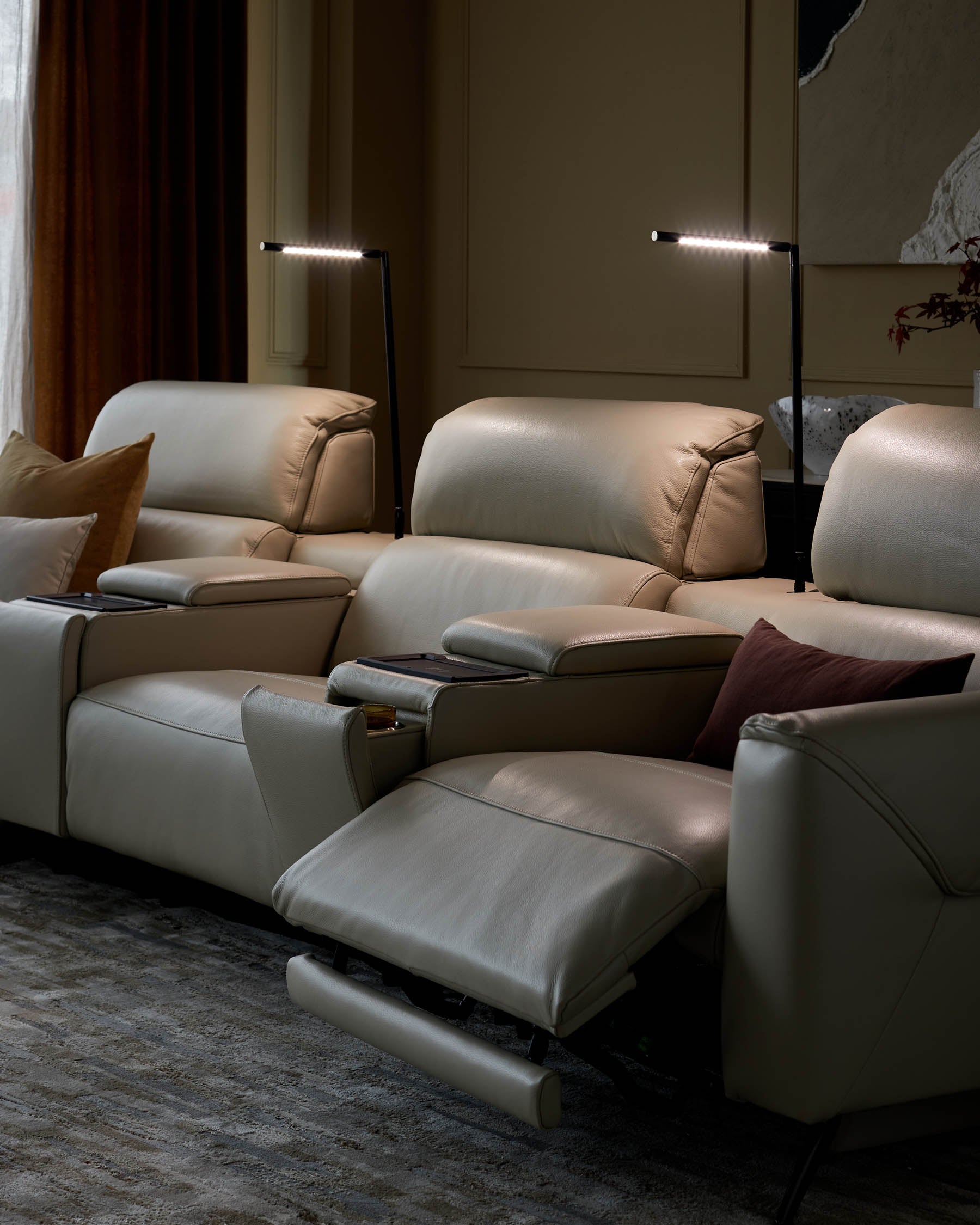 Kenzie Natural Grey Leather Recliner 3 Seater Sofa with Console table
