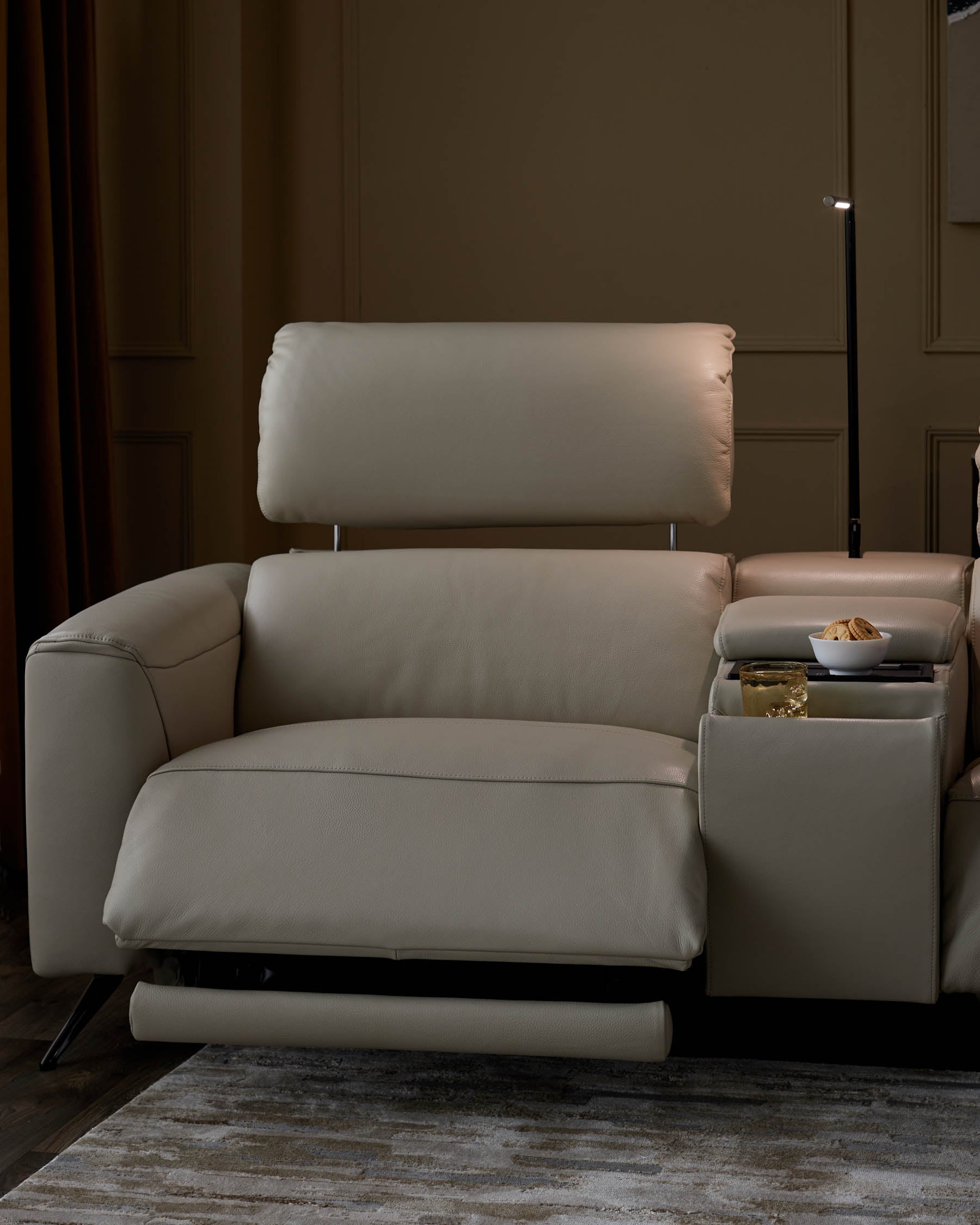 Kenzie Natural Grey Leather Recliner 3 Seater Sofa with Console table