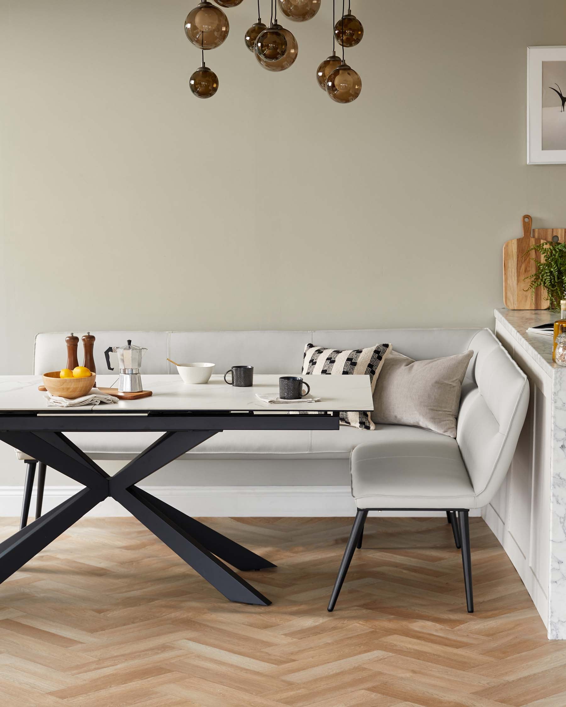 Seth light grey faux leather right hand corner 5 seater dining bench