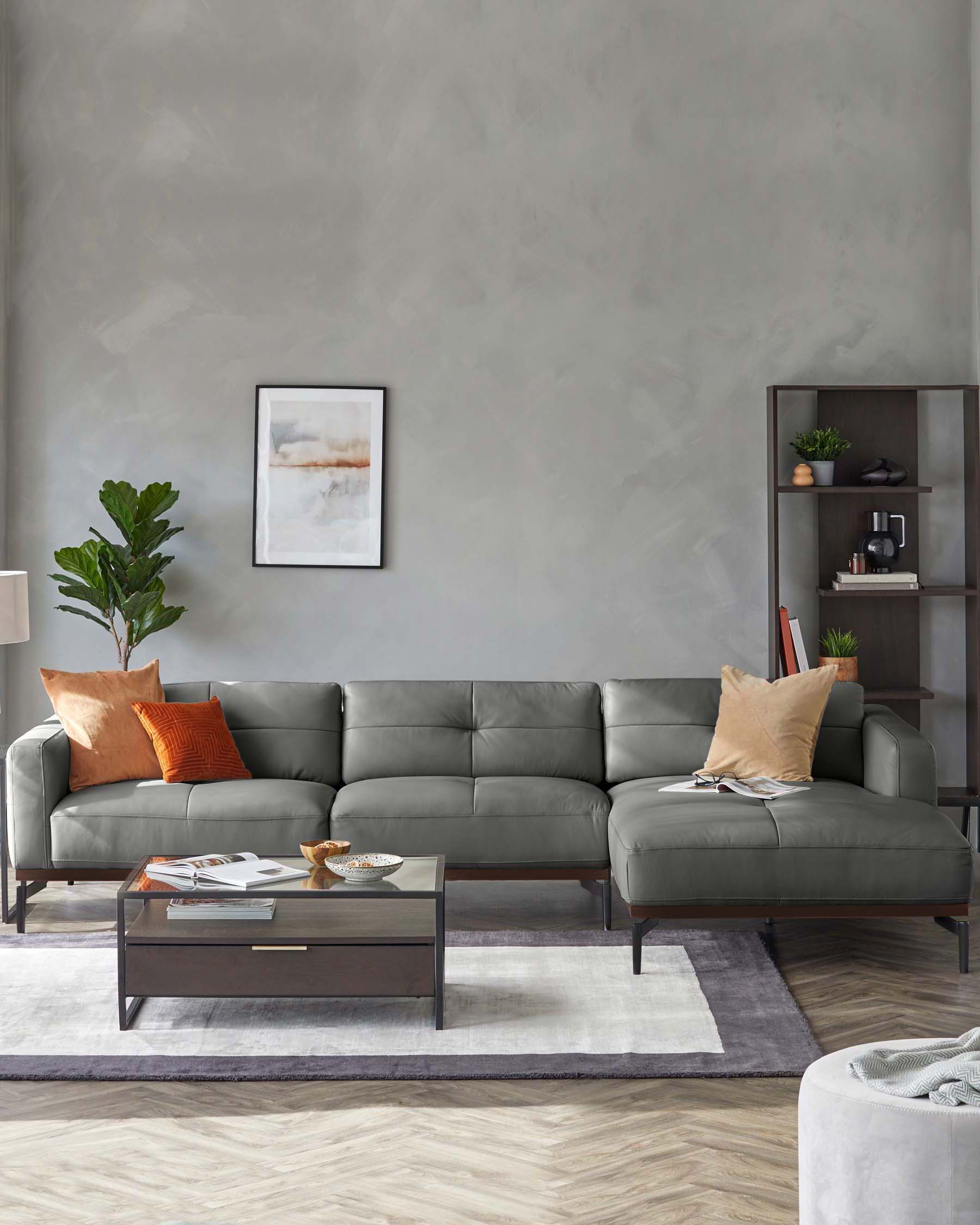 Colton Dark Grey Leather Right Hand Corner Chaise Sofa