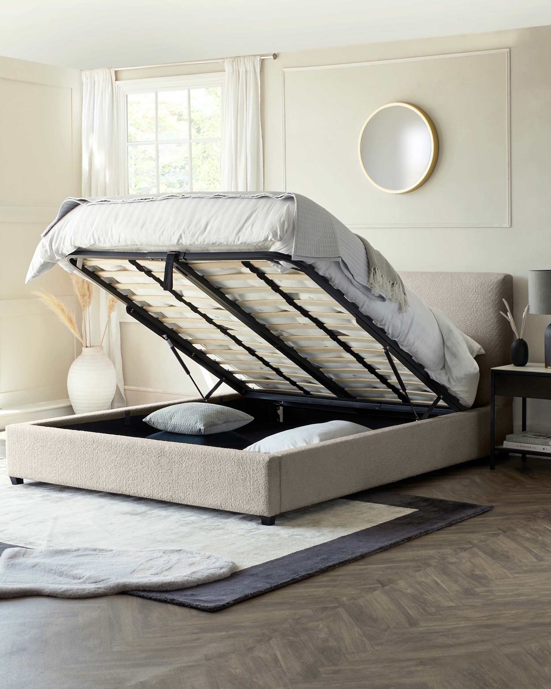 Leona King Ottoman Bed Natural Soft Boucle