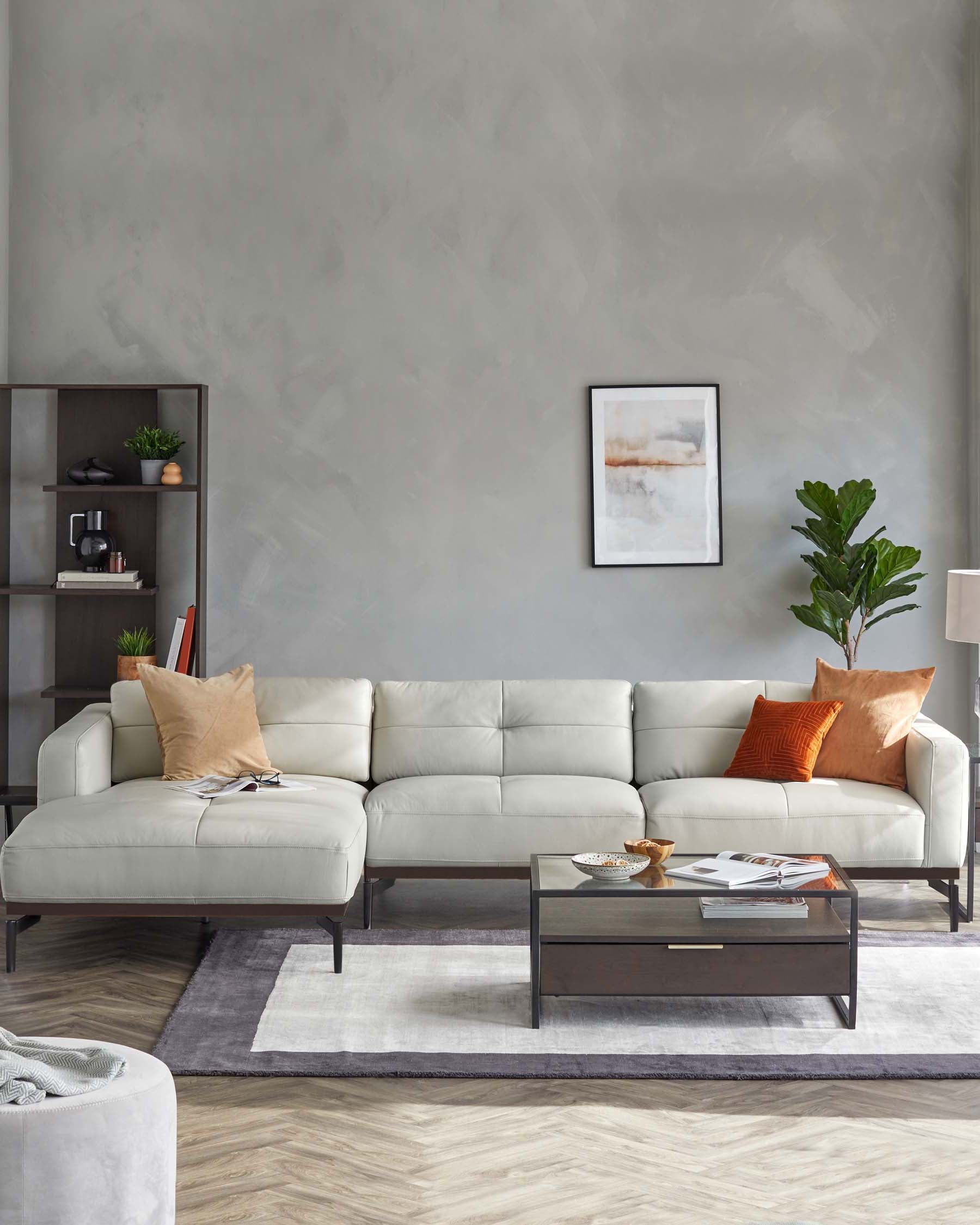 Colton Natural Grey Leather Left Hand Corner Chaise Sofa