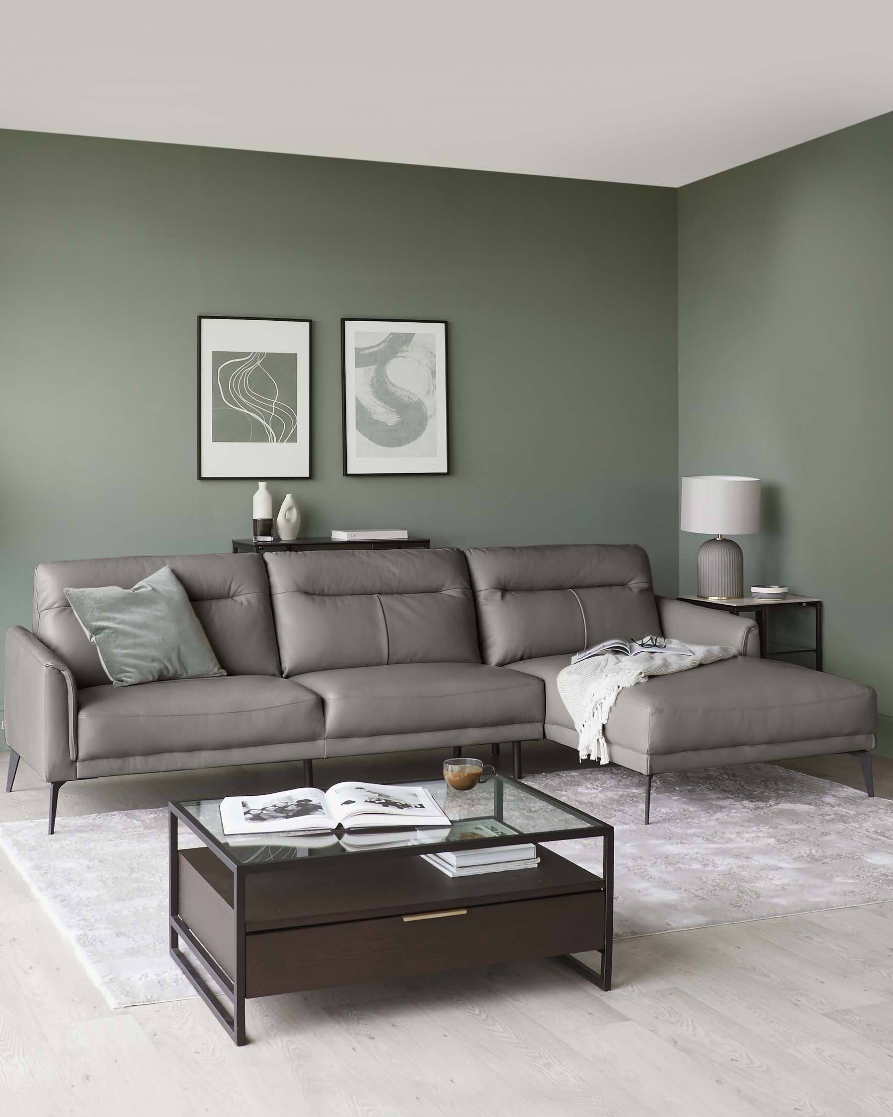 Brooks Dark Grey Leather Right Hand Corner Chaise Sofa