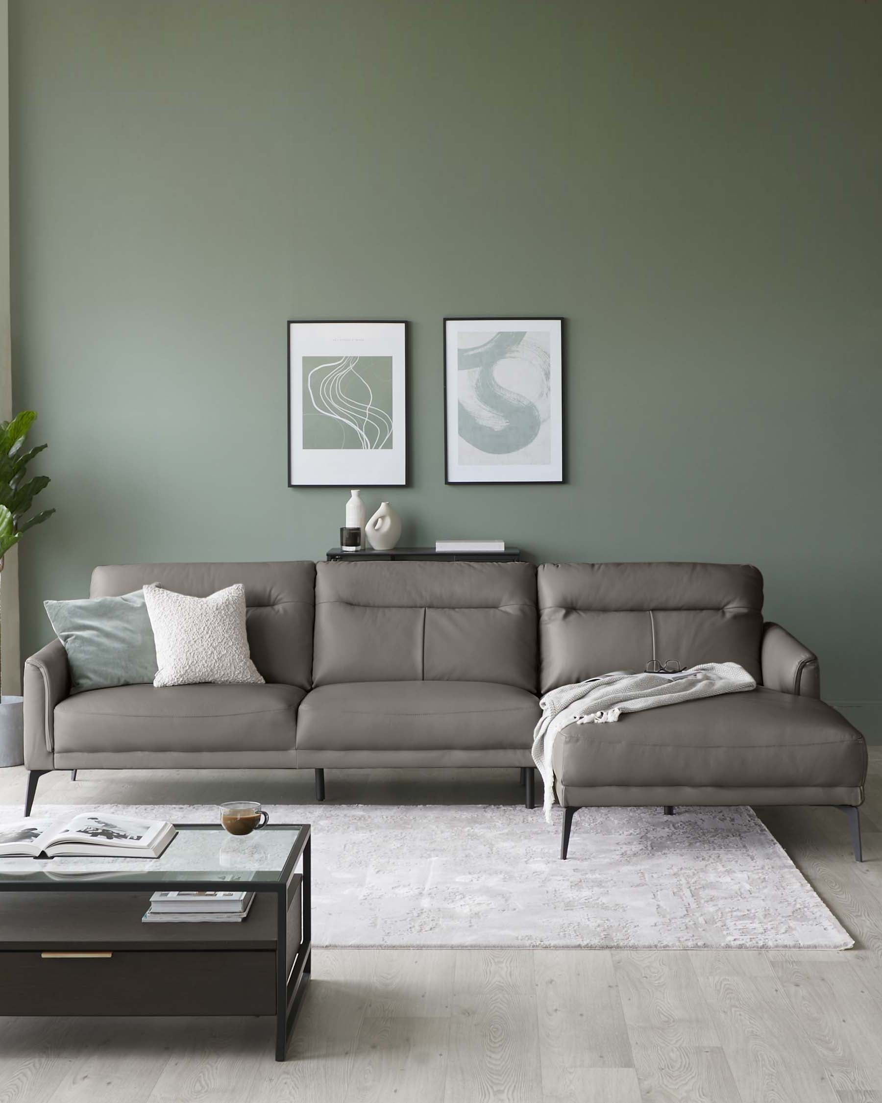 Brooks Dark Grey Leather Right Hand Corner Chaise Sofa