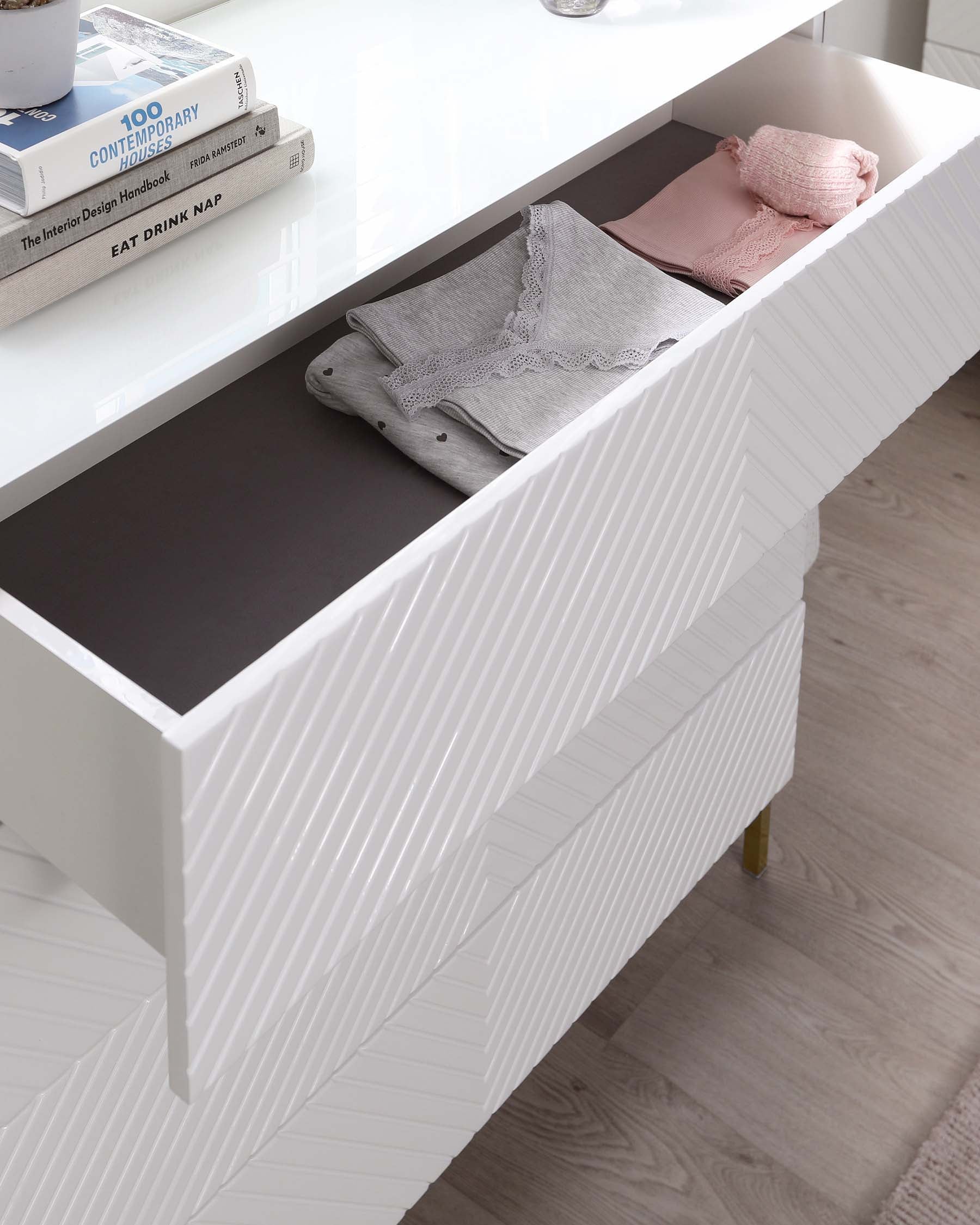 Noah White Gloss Chest Of Drawers With Brass Legs