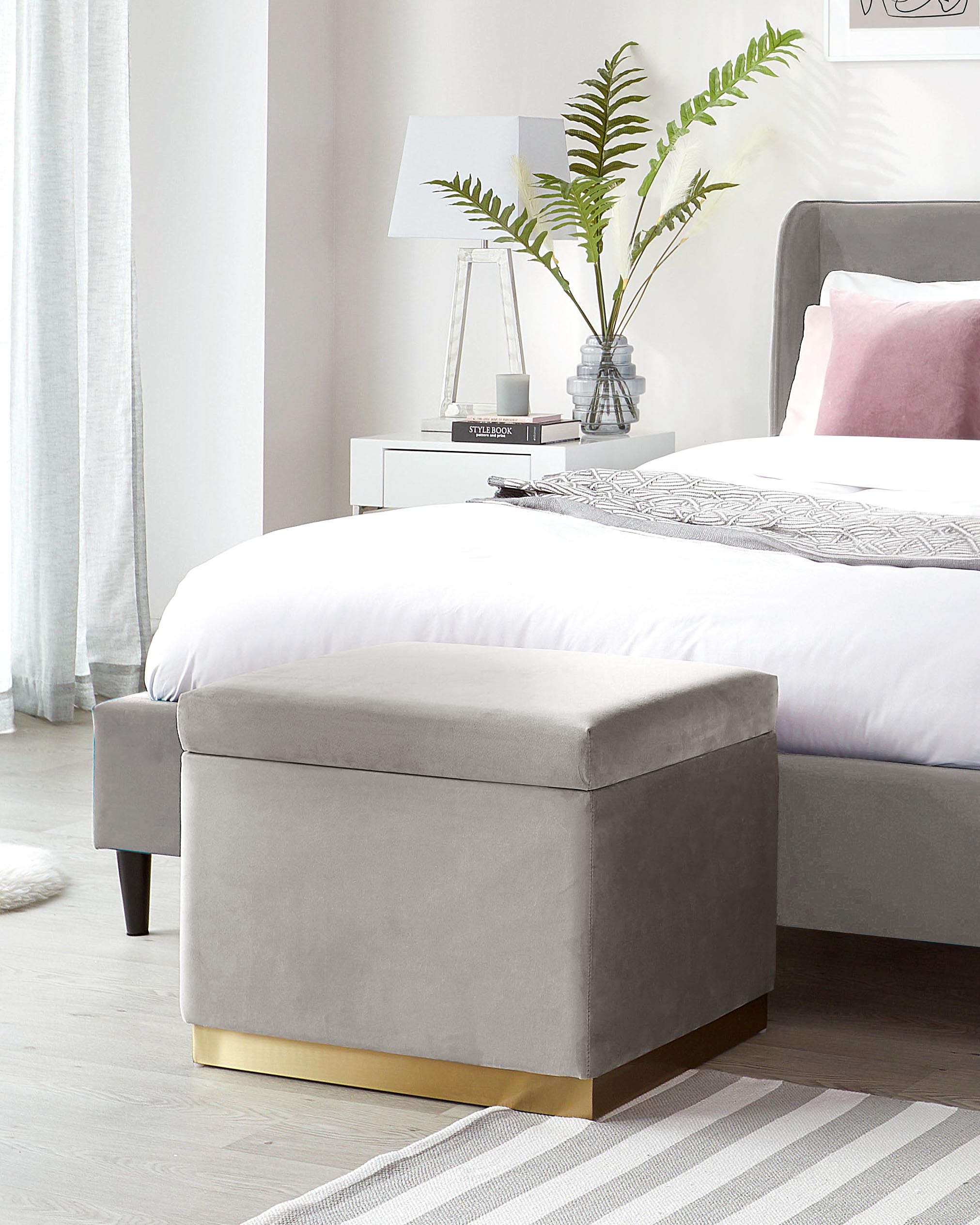 Zara Light Grey Velvet With Brass Trim Ottoman Storage Cube