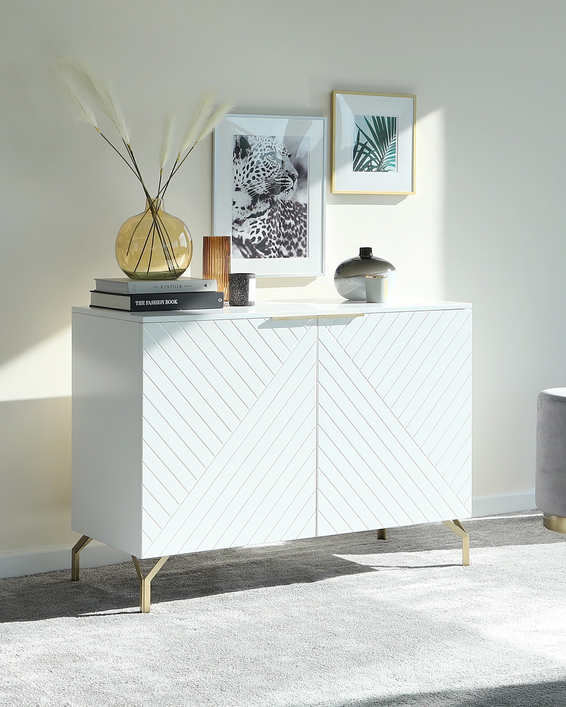 Geo Matt White And Brass Textured Sideboard